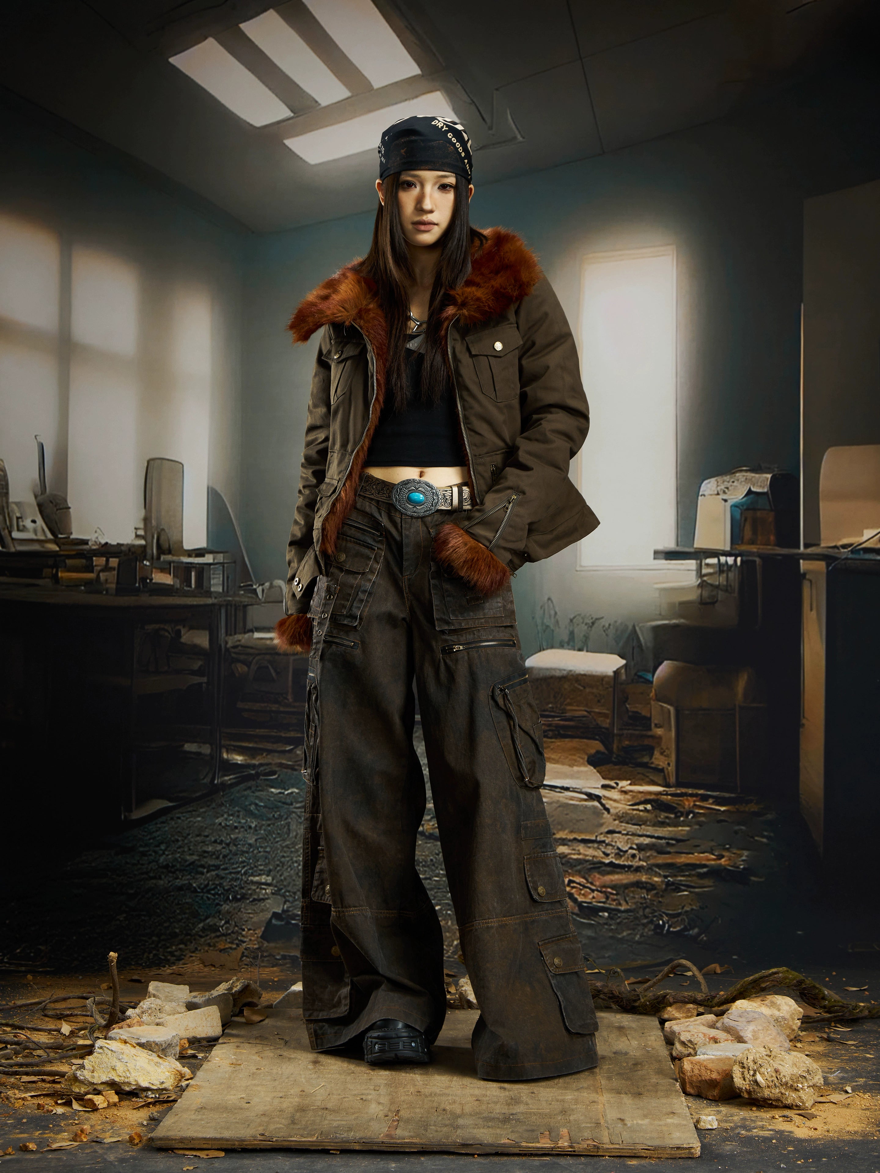 Shibuya Red-Fur Wide-Collar Fitted Cropped Jacket