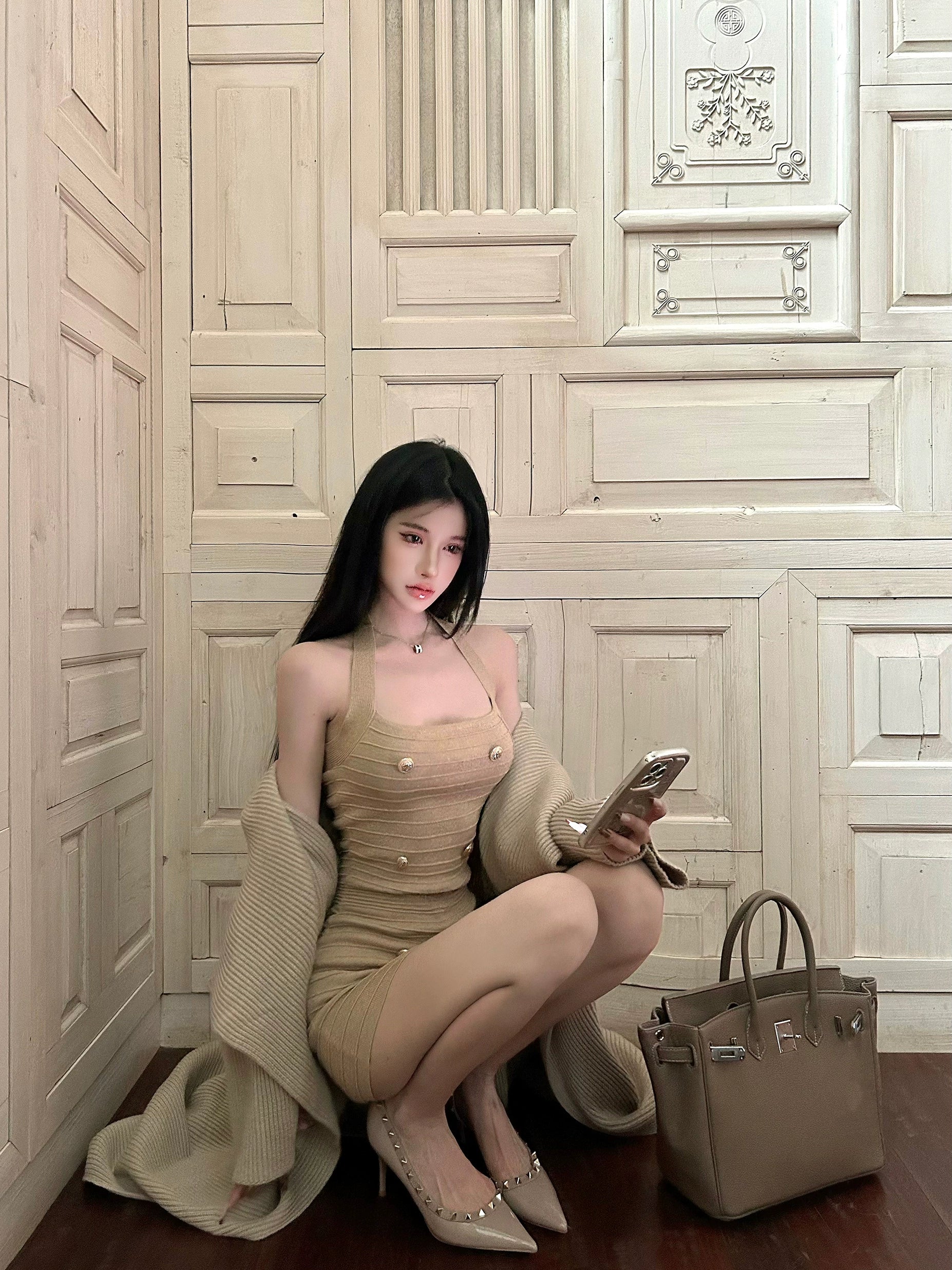 Shop the Sexy Chic Knit Halter Dress from Sanhoostudio, a bodycon knit mini dress with a modern halter neckline, perfect for parties and casual wear.