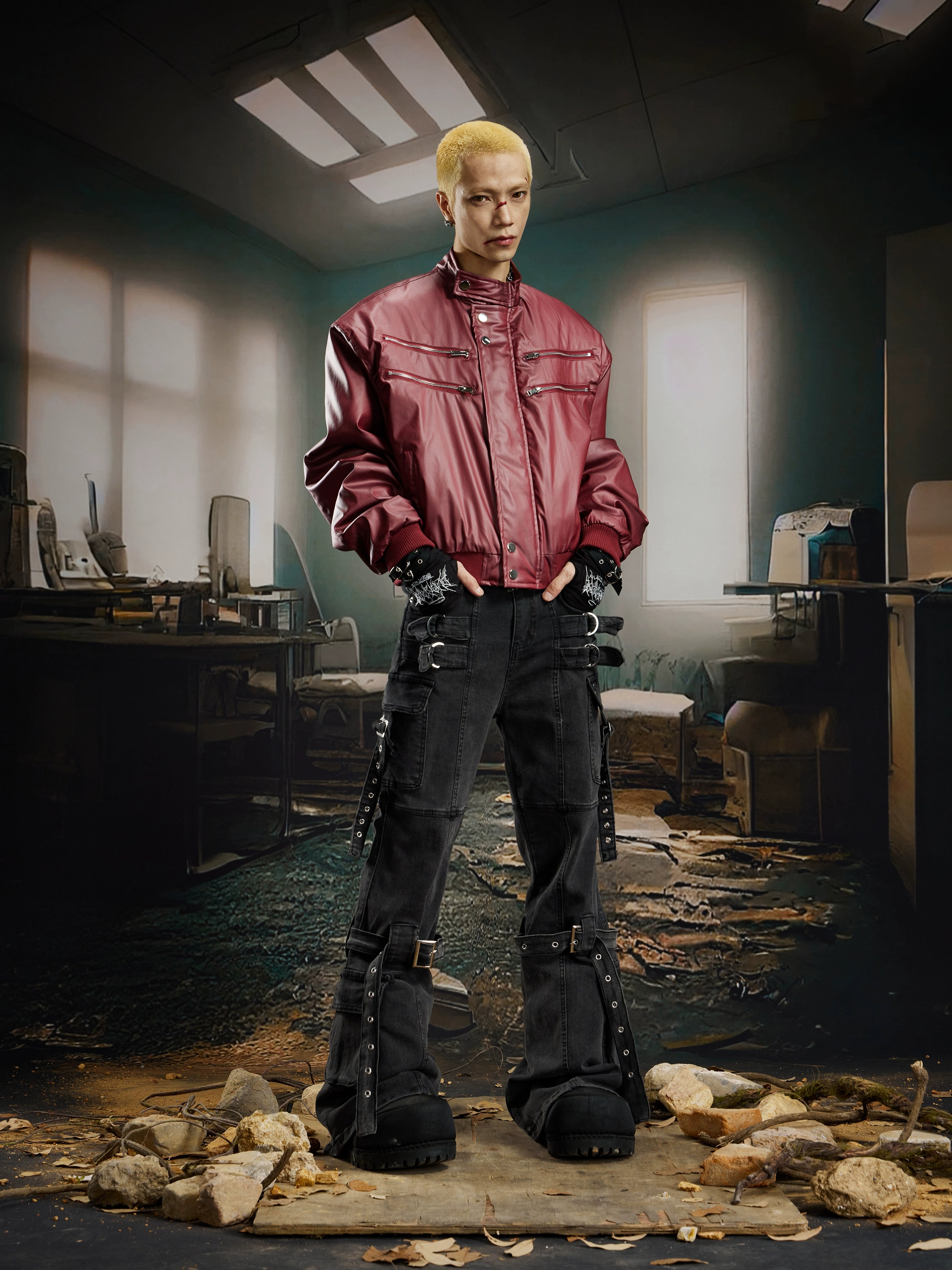 A Y2K-inspired deconstructed jean with ribbon panels and a subtle flare silhouette. Sanhoostudio’s signature dark street individuality.