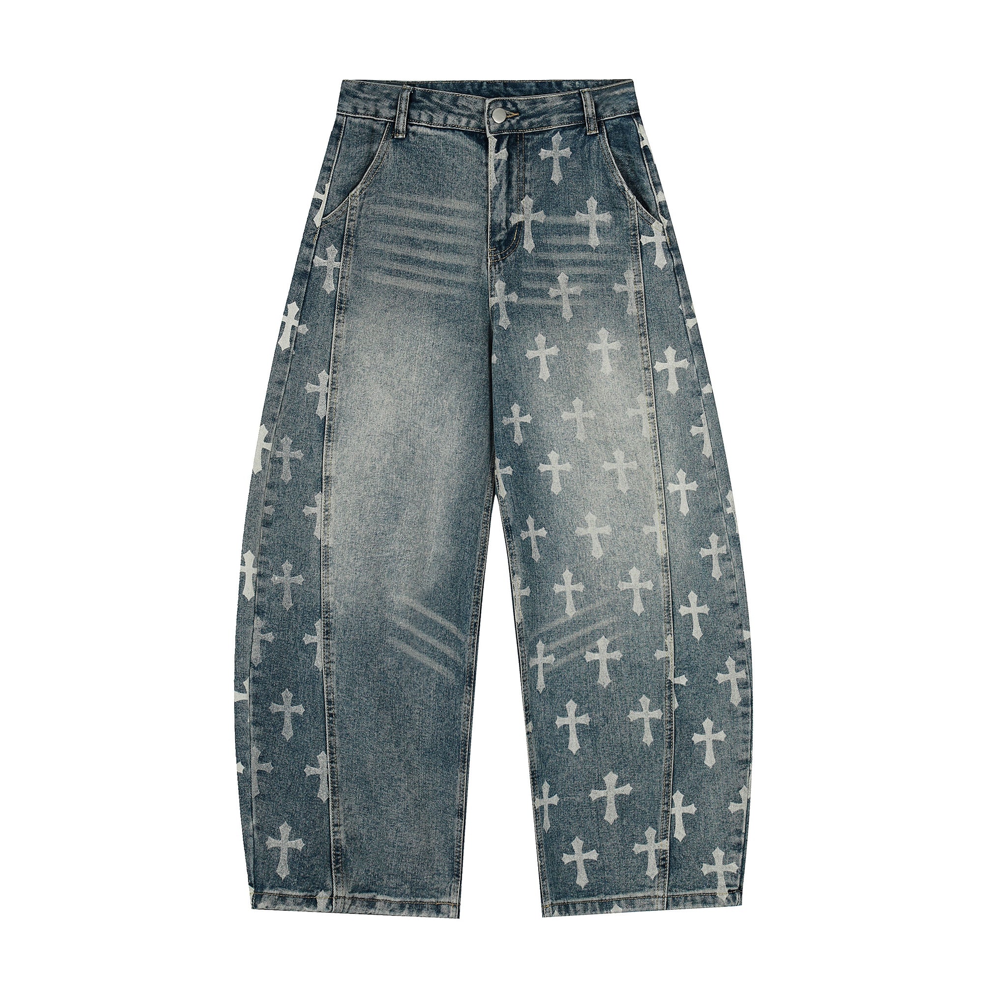 An icon of gothic rebellion — cross-printed denim with a relaxed wide-leg silhouette. Designed for high-street dreamers and underground believers by SanhooStudio.