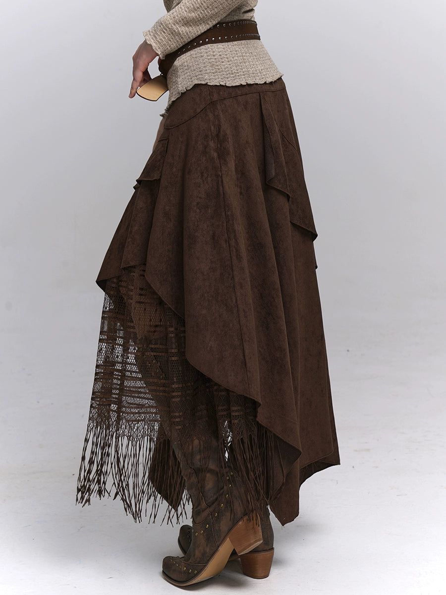 Brown Suede A-Line Maxi Skirt