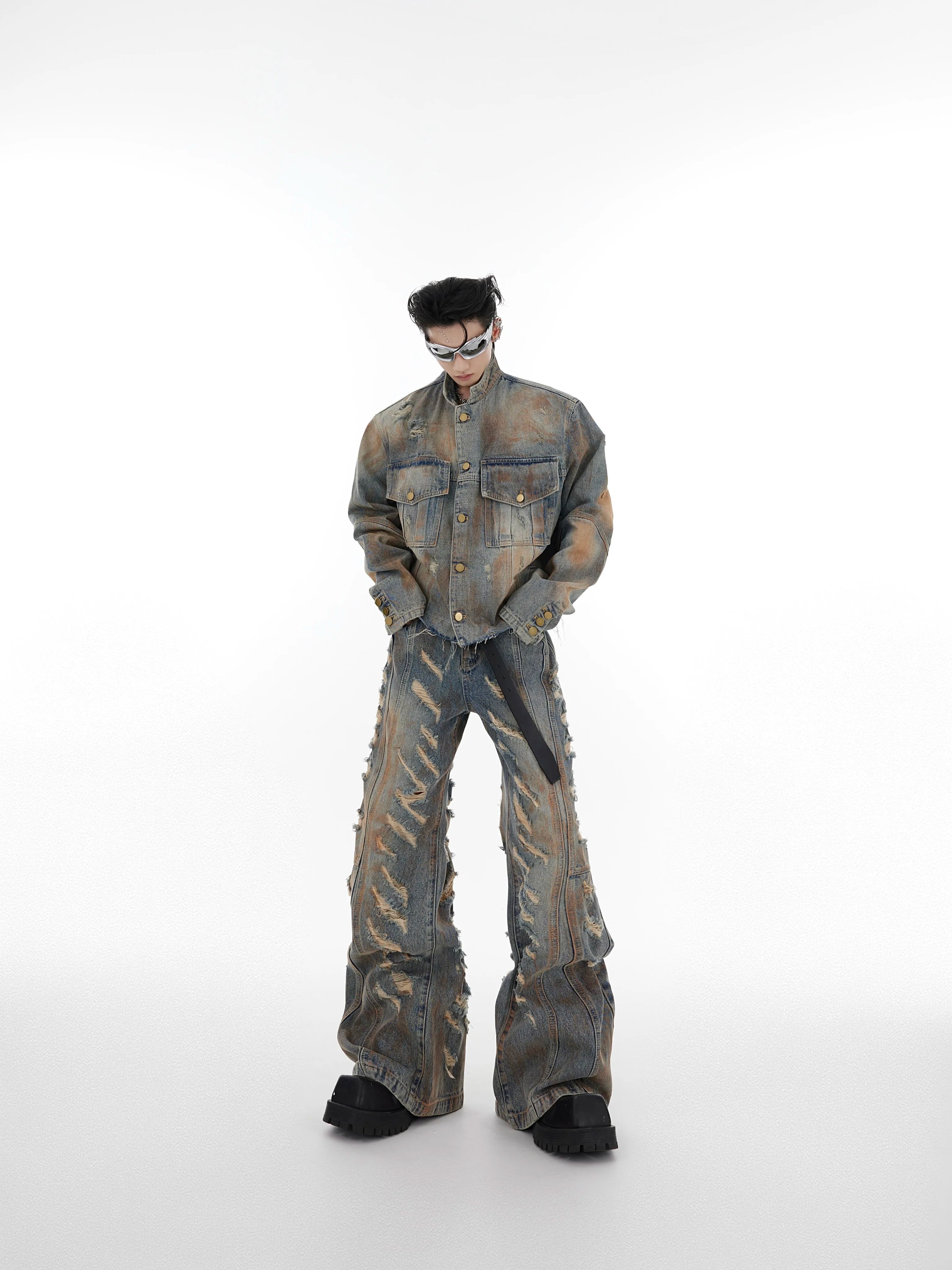 Sanhoostudio denim set featuring a distressed jacket and flared jeans. Designed with a vintage wasteland aesthetic and heavyweight washed finish.