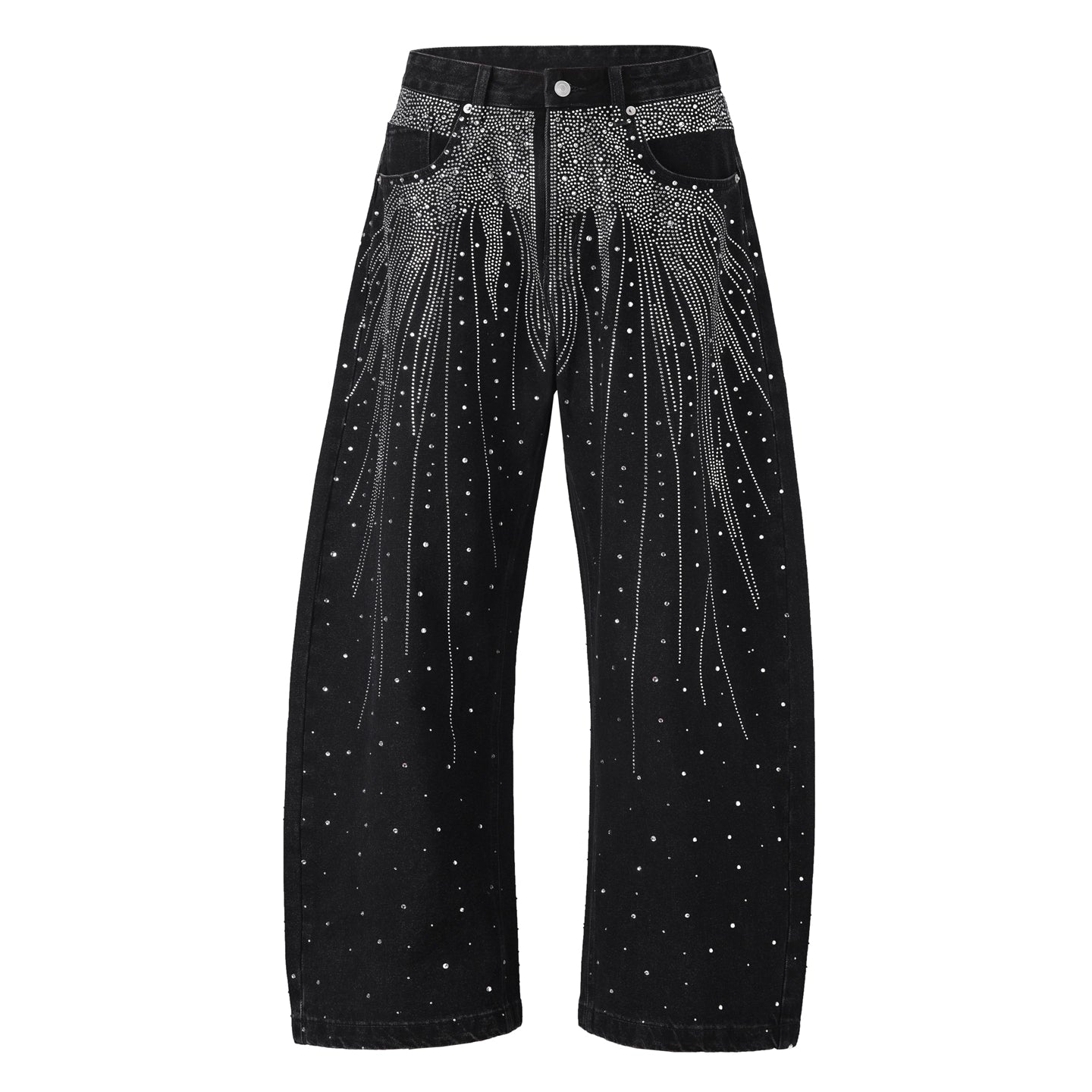 These laser rhinestone denim pants from Sanhoostudio sparkle with full-stone embellishments. Featuring a flared wide-leg silhouette, they embody futuristic glamour and bold streetwear style.