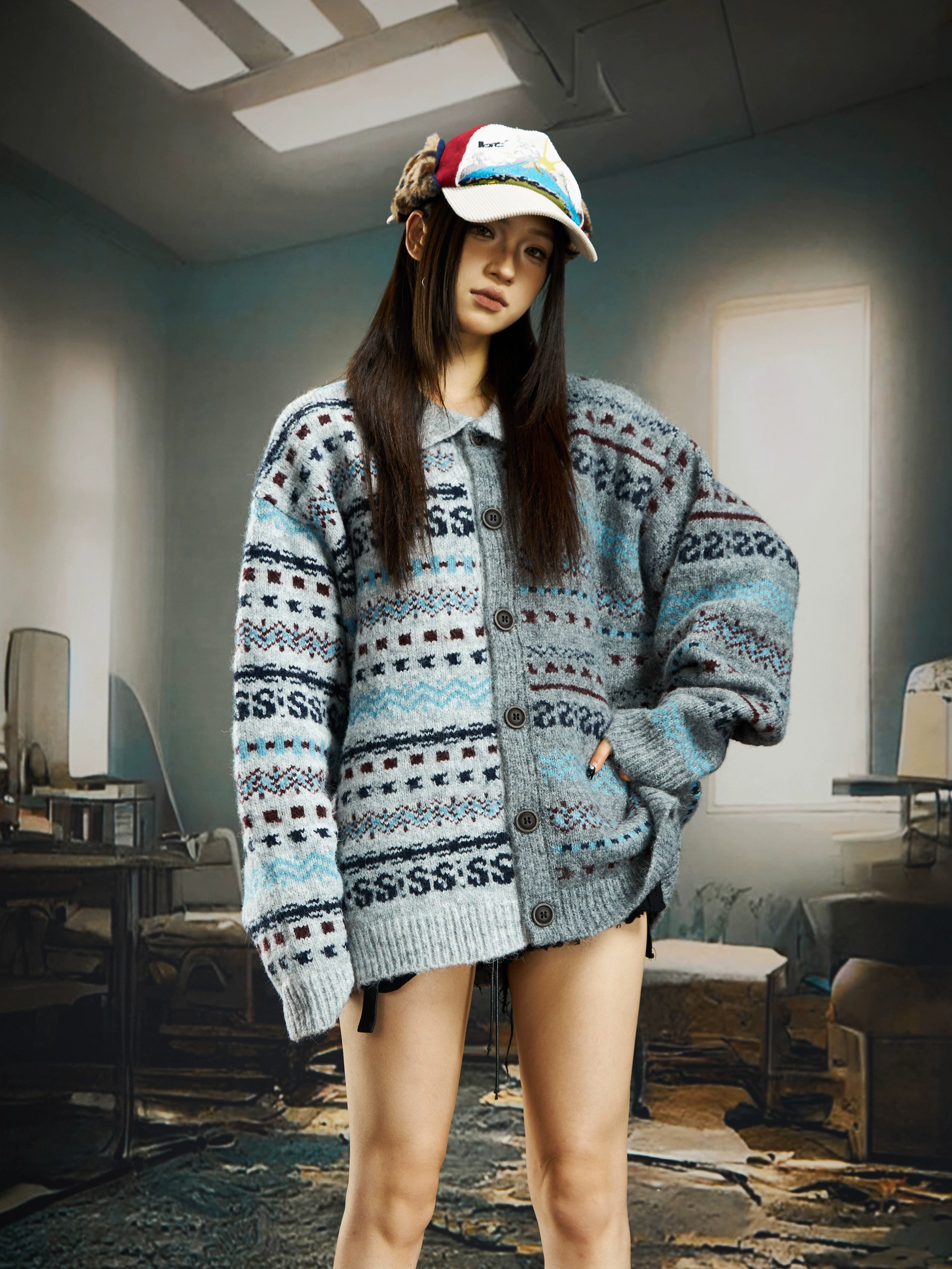 Retro Fair-Isle Color-Block Knit Cardigan with Oversized Fit