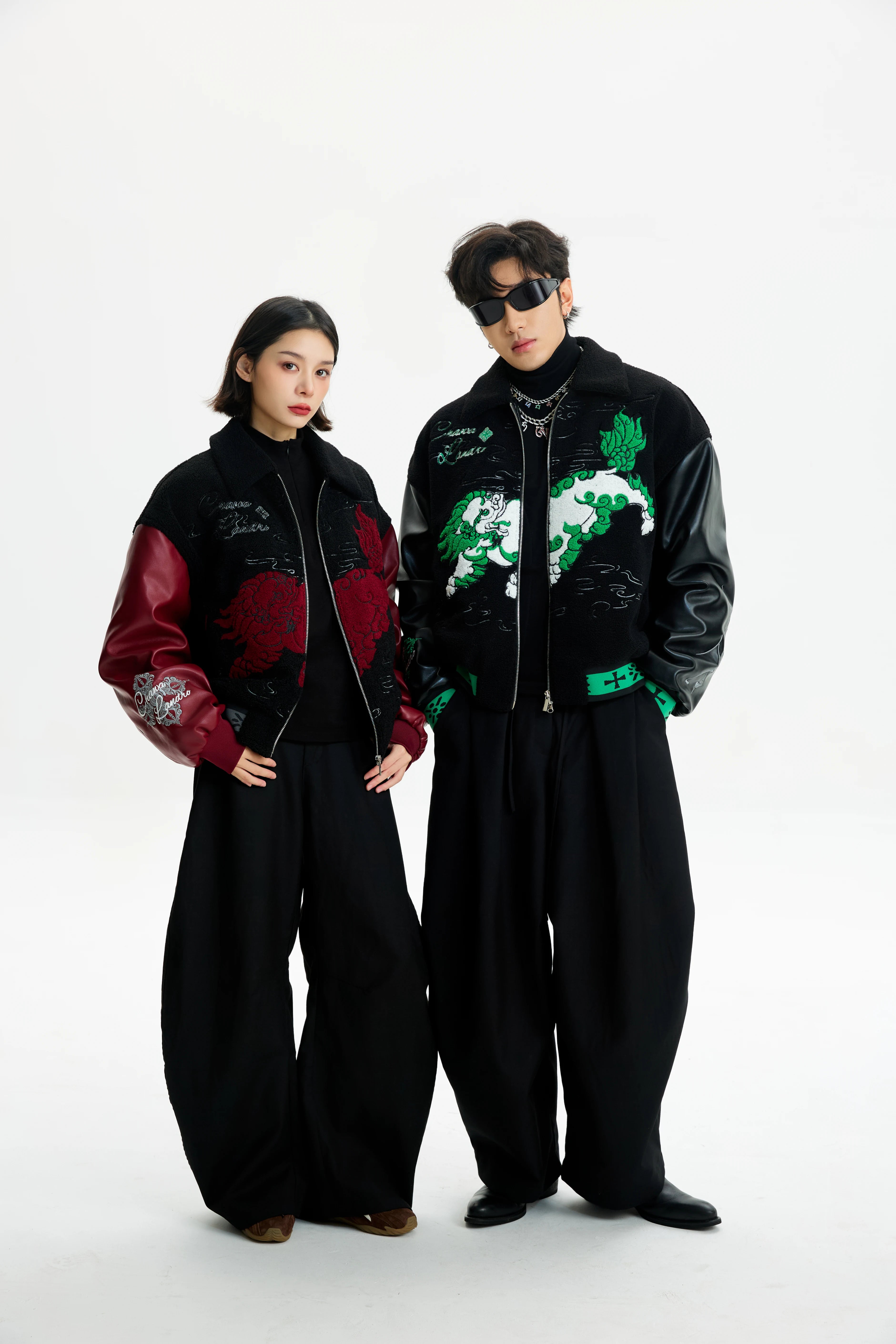 Sanhoostudio zip-up leather jacket with sherpa lining for warmth. Designed for unisex winter streetwear and comfort.