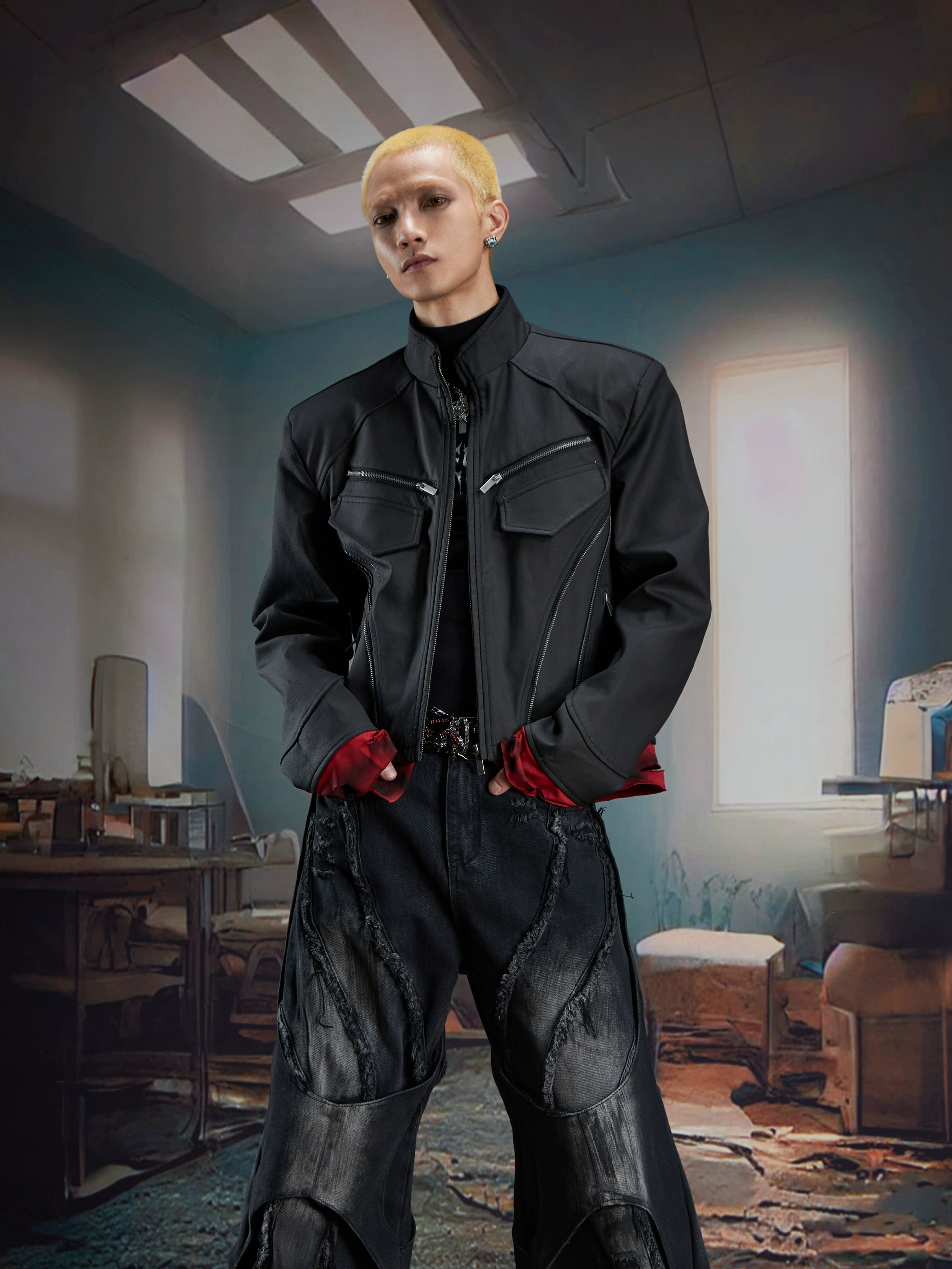 Dark Niche Deconstructed Layered Zipper Short Leather Jacket Unisex