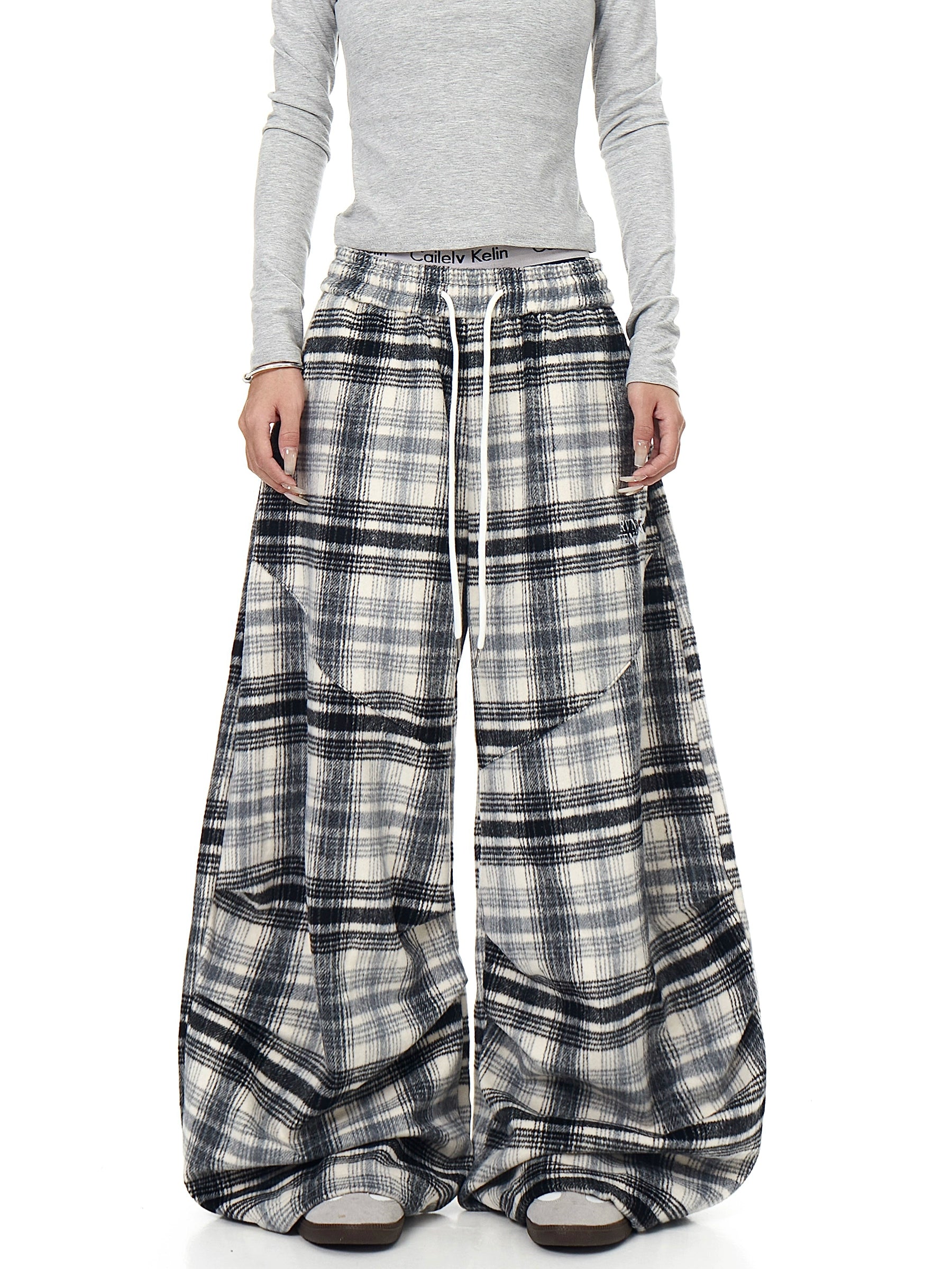Plaid Wool Thickened Pleated Street Pants