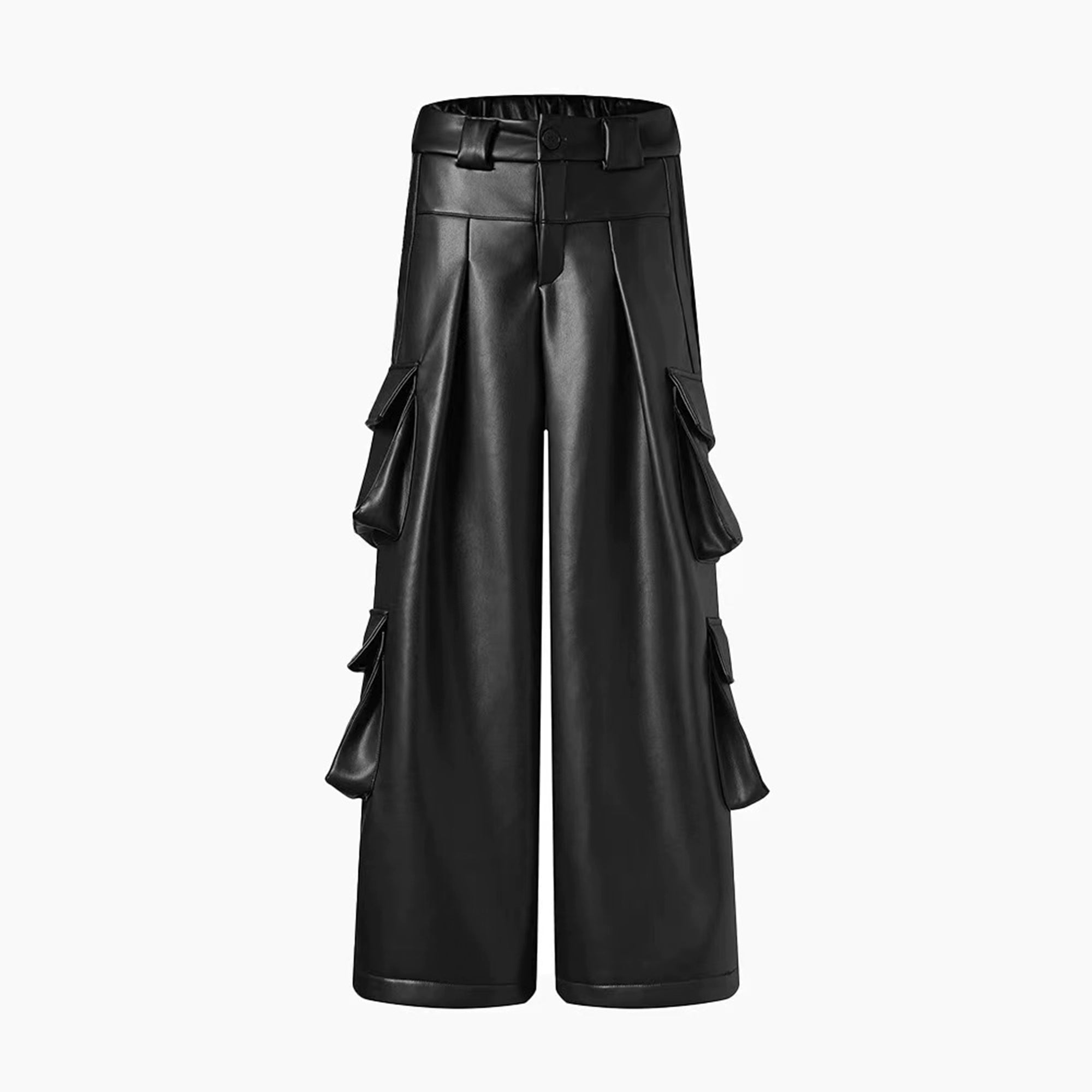 Tech-Utility Fleece-Lined Multi-Pocket Wide-Leg Leather Cargo Pants
