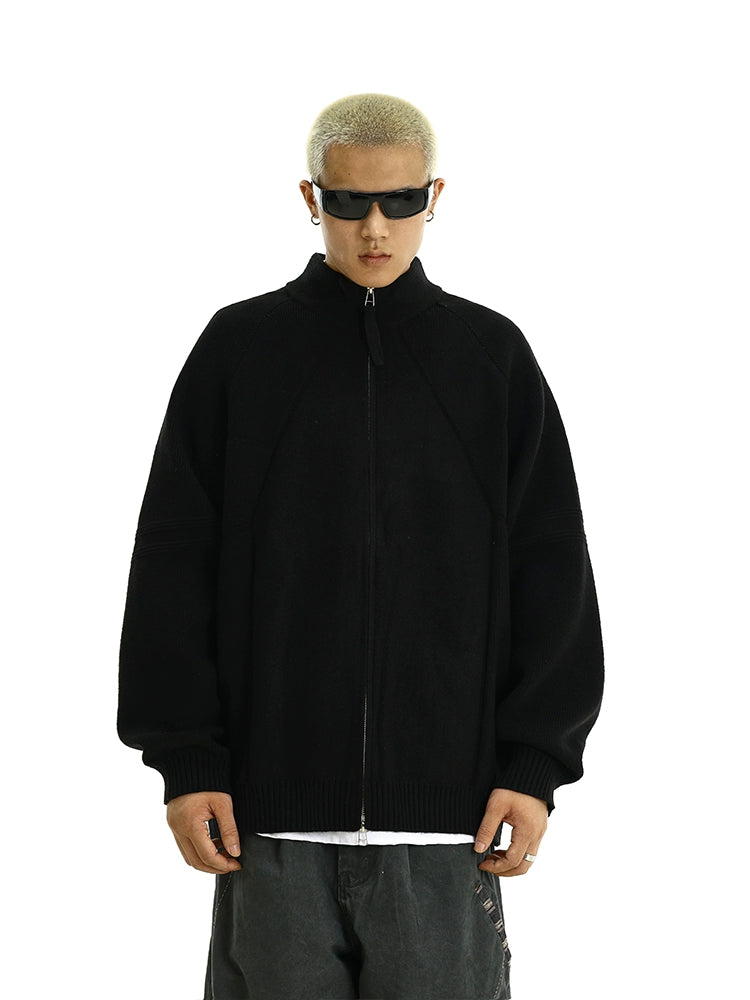 Heavyweight Zip-Up Knit Cardigan Sweater with Stand Collar