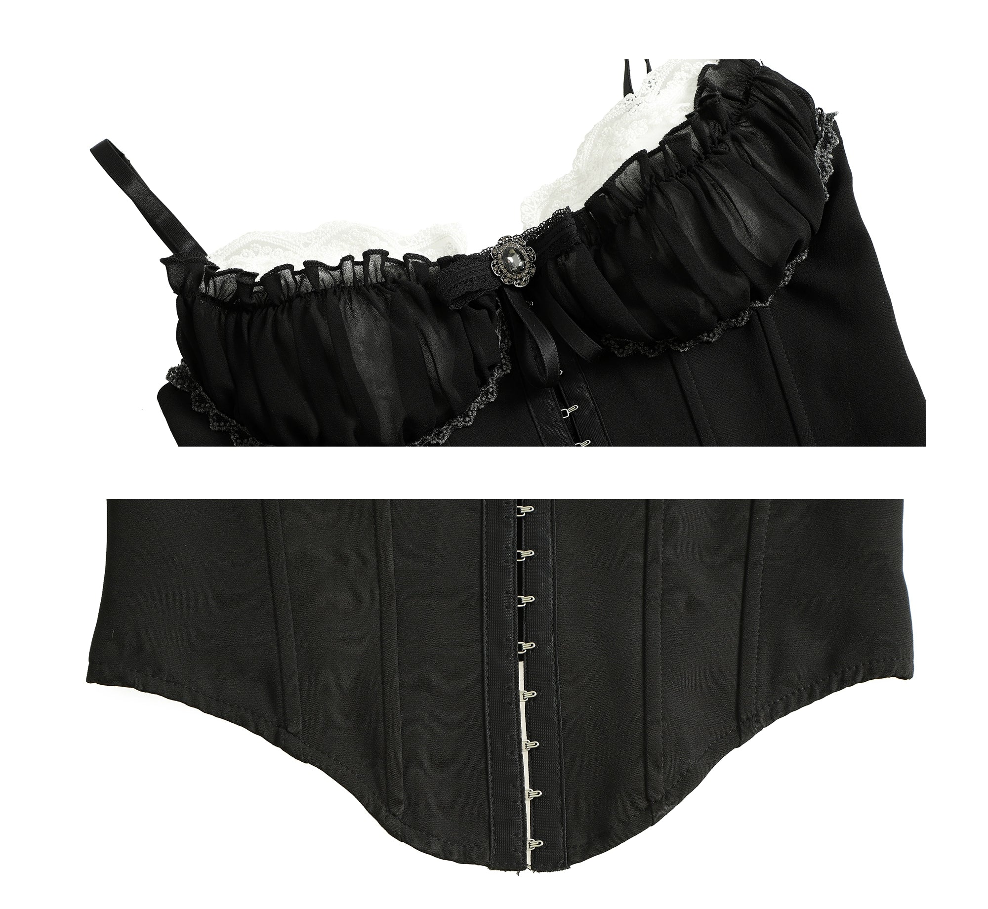 A miu-inspired lace corset cami two-piece set designed for a feminine, sexy summer look. Delicate lace details, structured corset silhouette, and flattering fit—perfect for chic streetwear styling at Sanhoostudio.