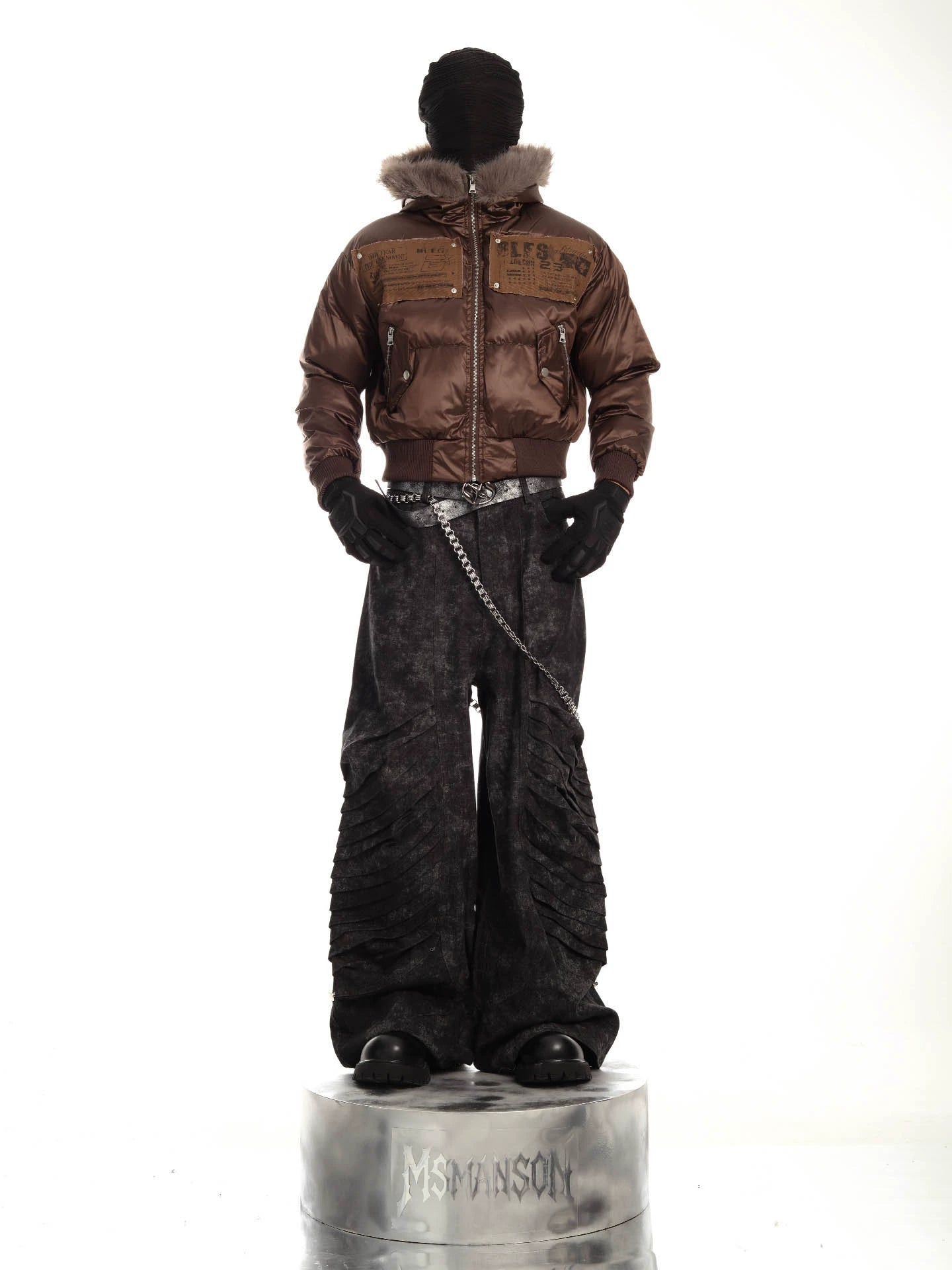 Patchwork Hooded Short Puffer Jacket with Faux Fur Collar