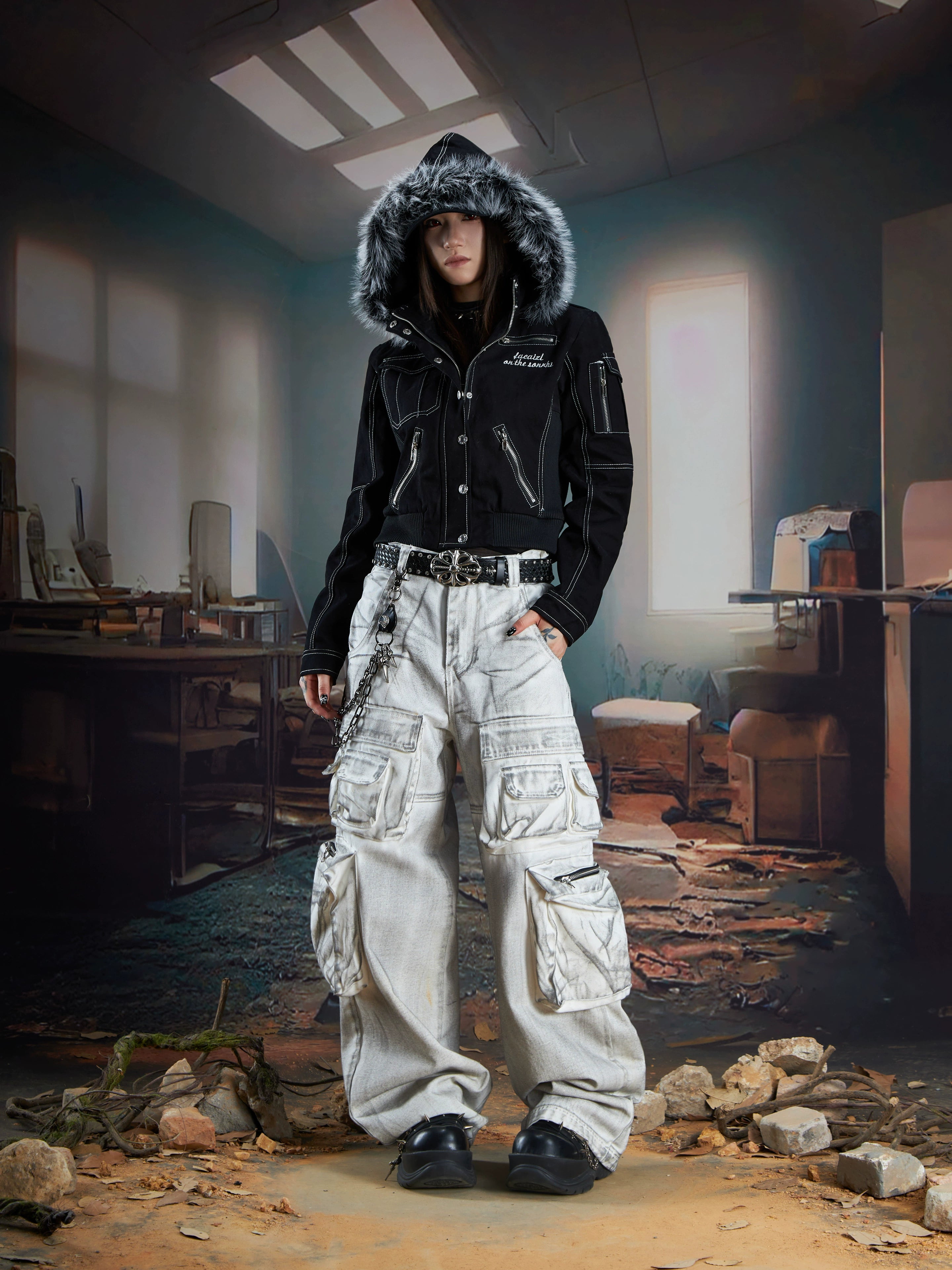 Tactical Multi-Pocket Washed Utility Denim Trousers