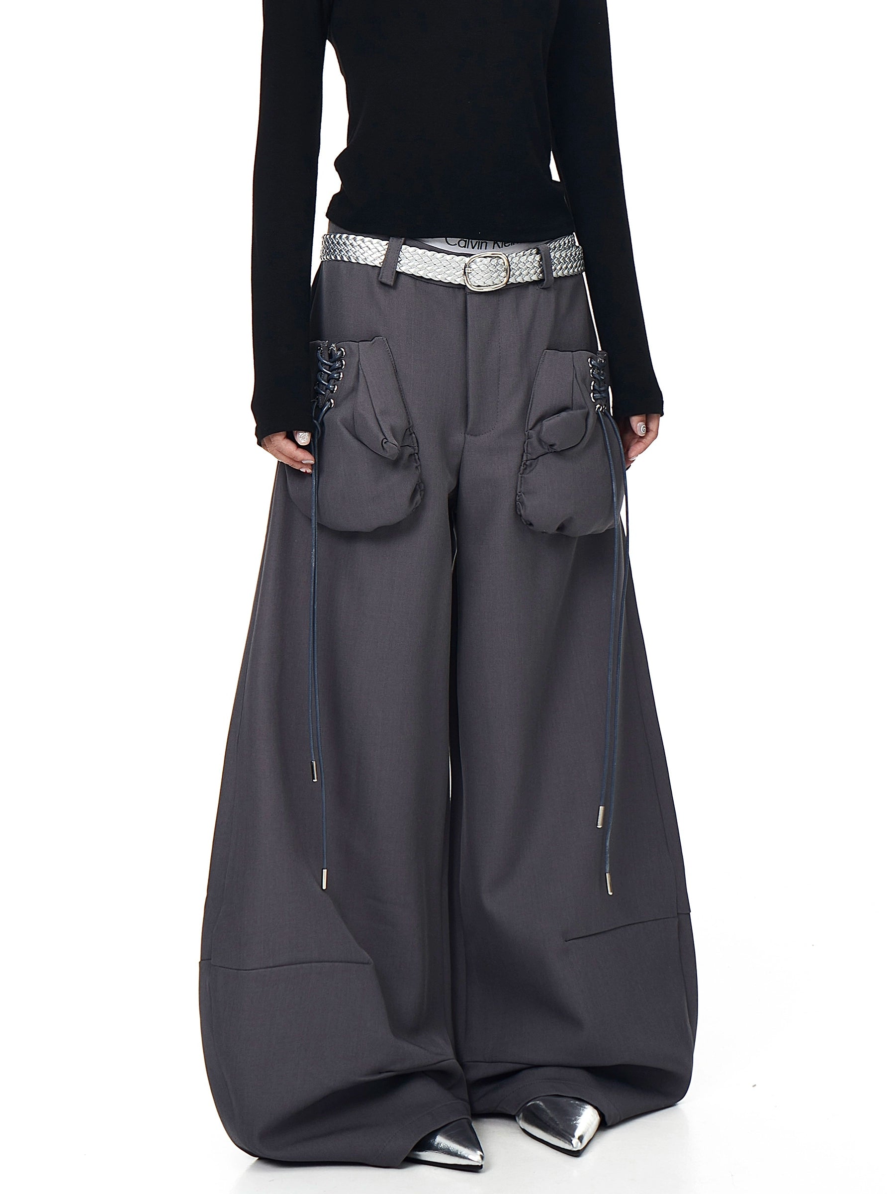 Gray 3D Boxing Glove Wide-Leg Denim Pants with Street Style