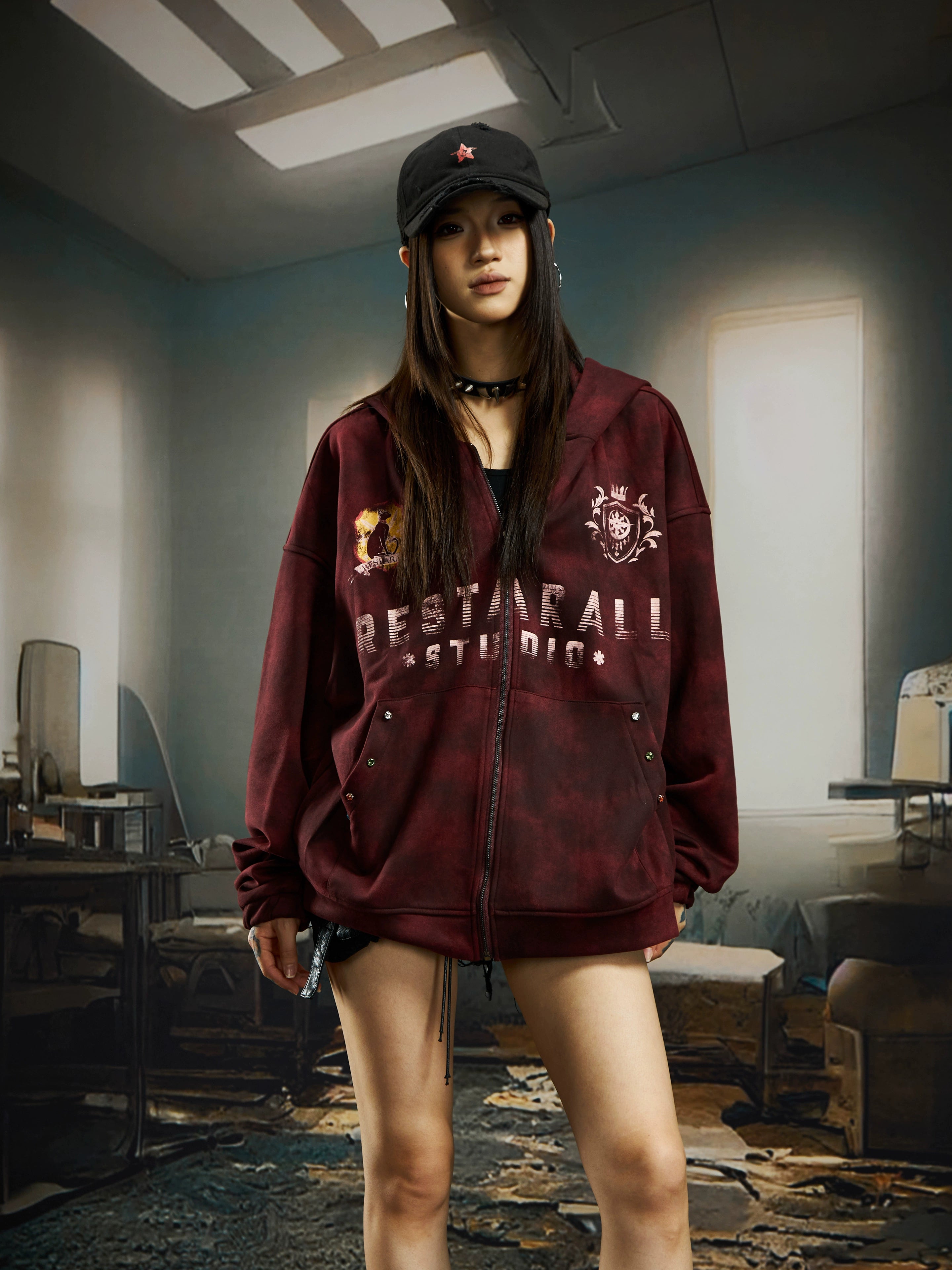 Tie-Dye Embroidered Badge Zip-Up Hoodie