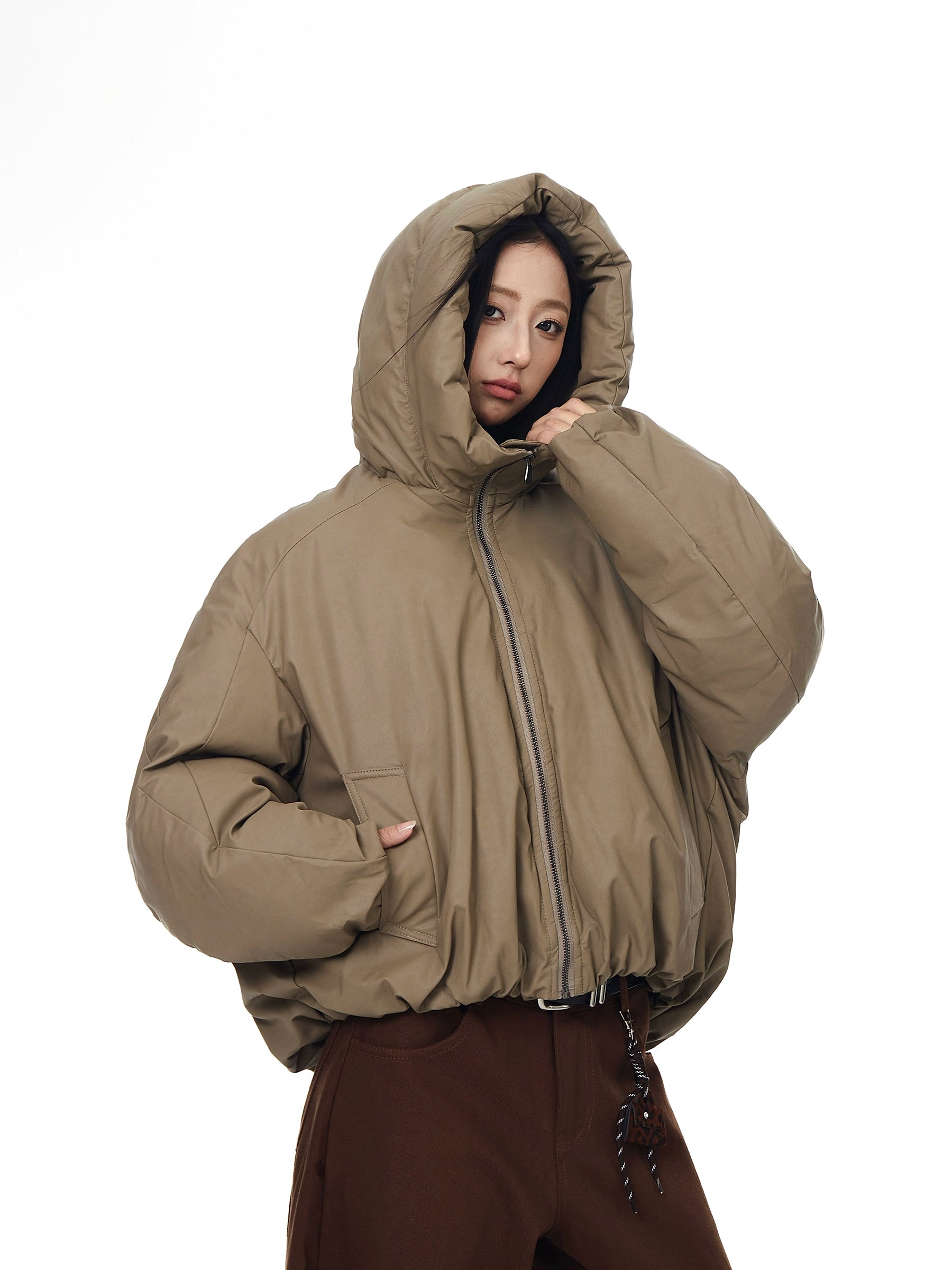 Vintage Bomber Faux-Leather Hooded Puffer Jacket