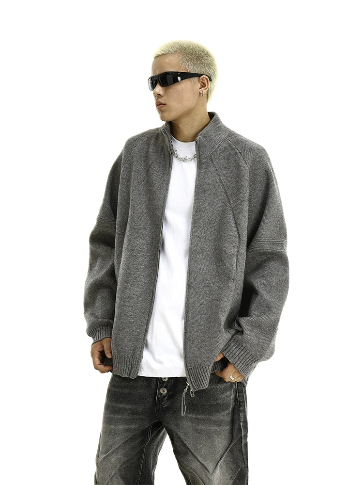 Heavyweight Zip-Up Knit Cardigan Sweater with Stand Collar