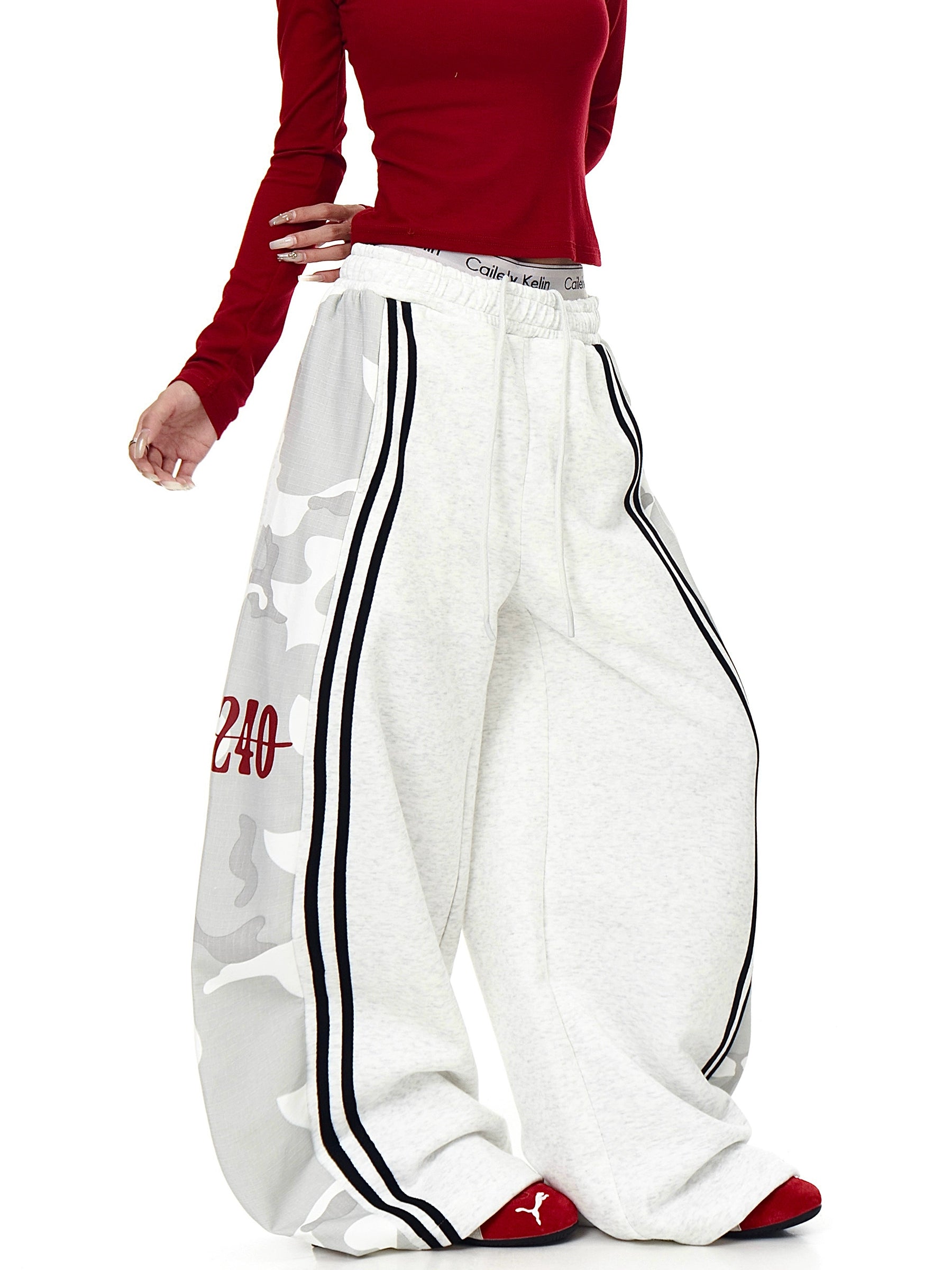 Camo Stripe Patchwork Wide-Leg Sweatpants