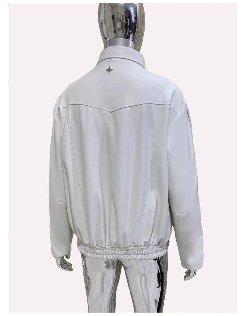 Sanhoostudio White Lapel PU Leather Moto Jacket