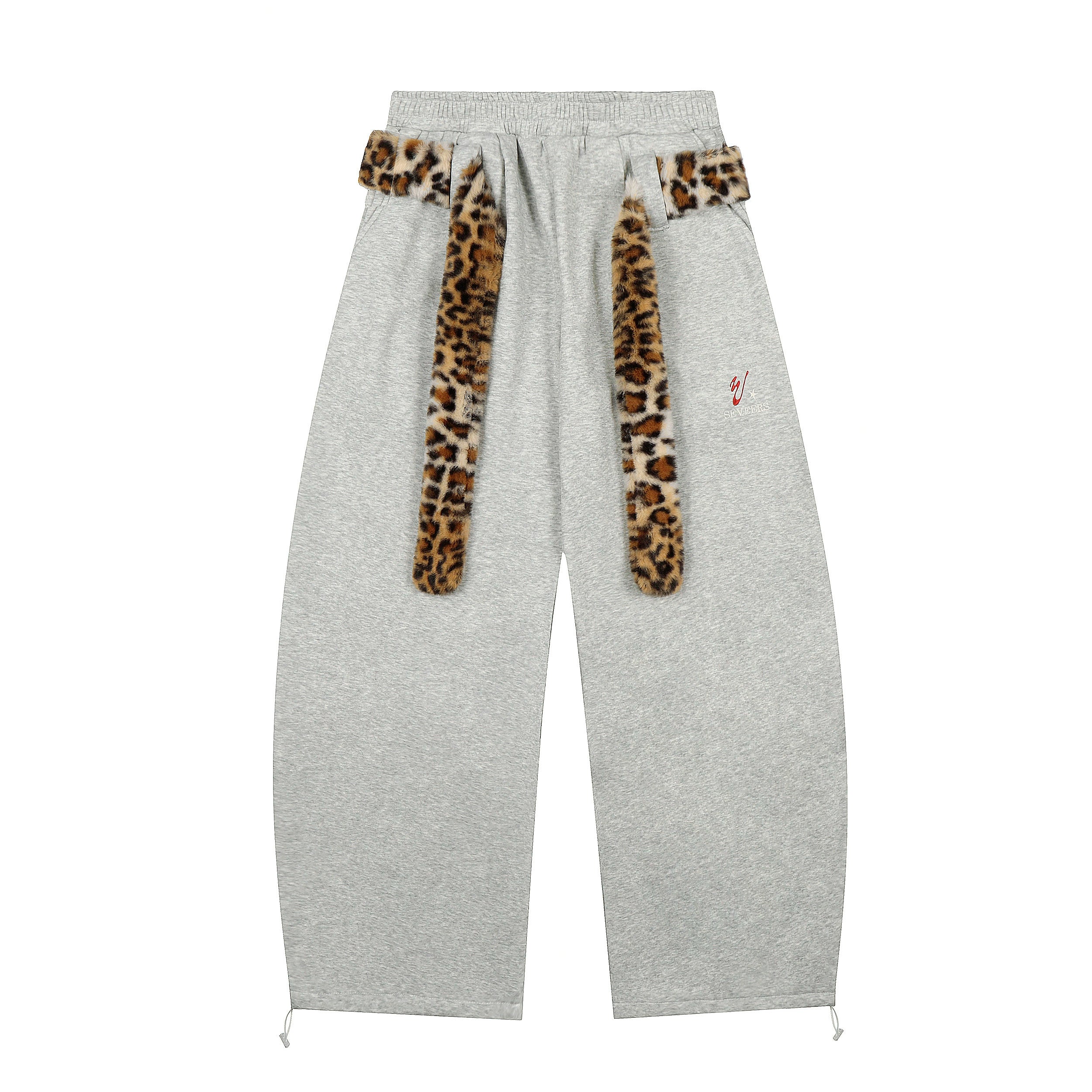 Leopard Fuzzy Belt Wide-Leg Sweatpants with Vintage Style