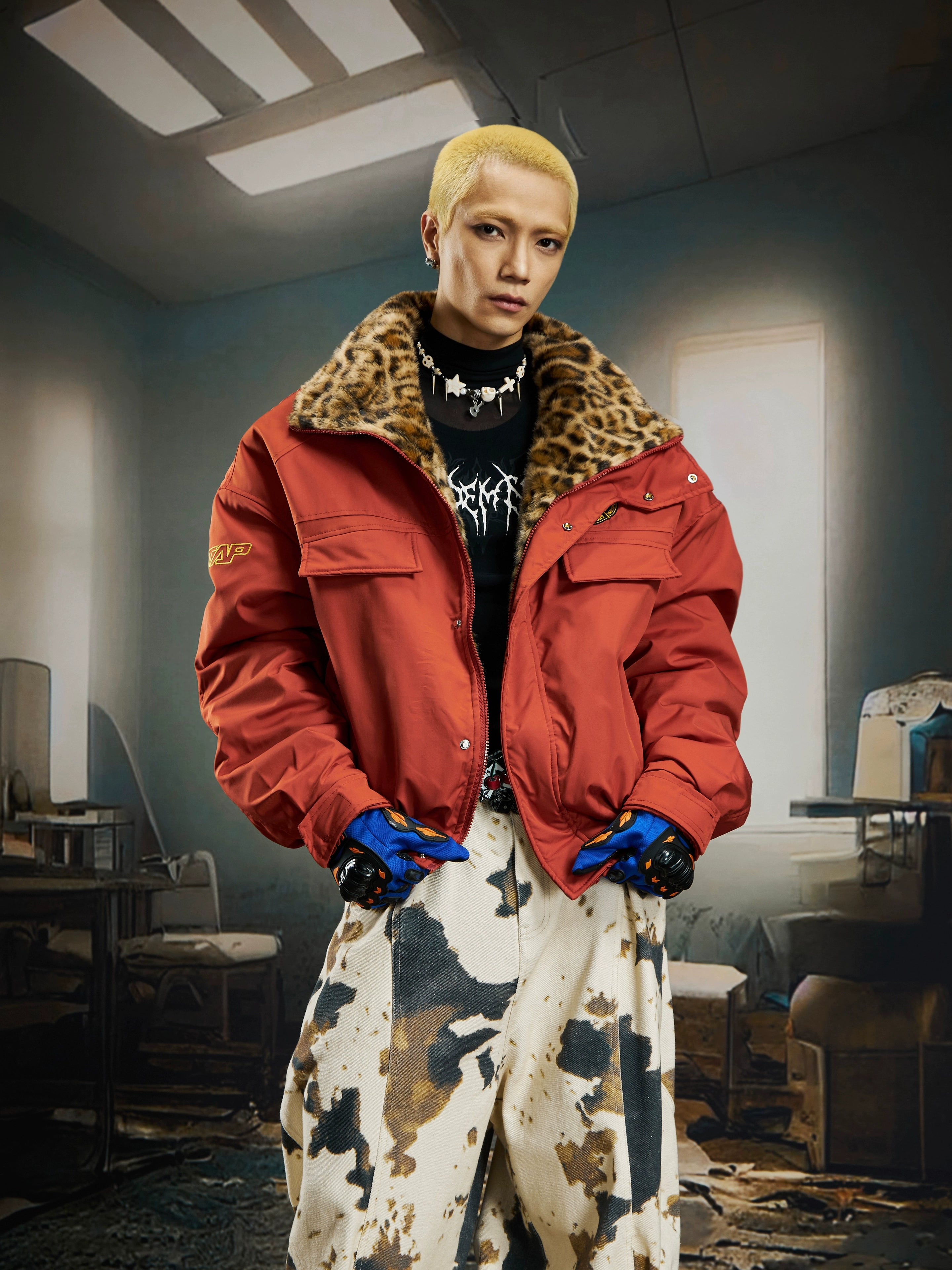 Retro Leopard Short Padded Workwear Jacket