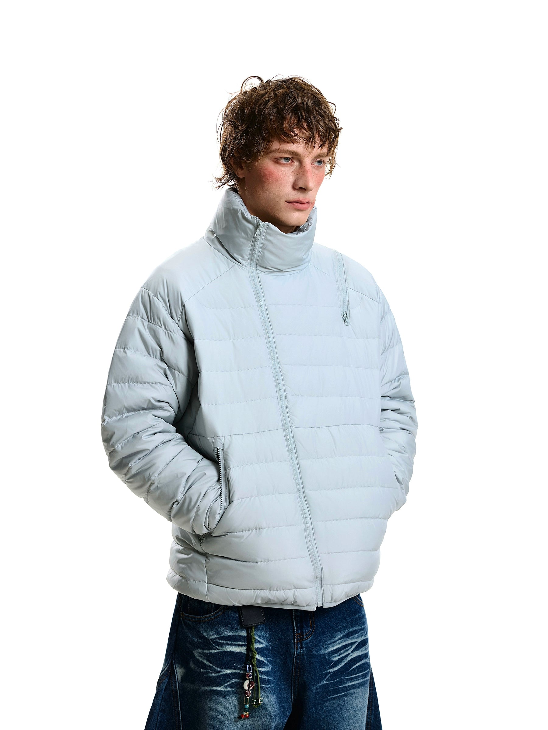 Asymmetric Zip Ribbed High-Neck Down Jacket