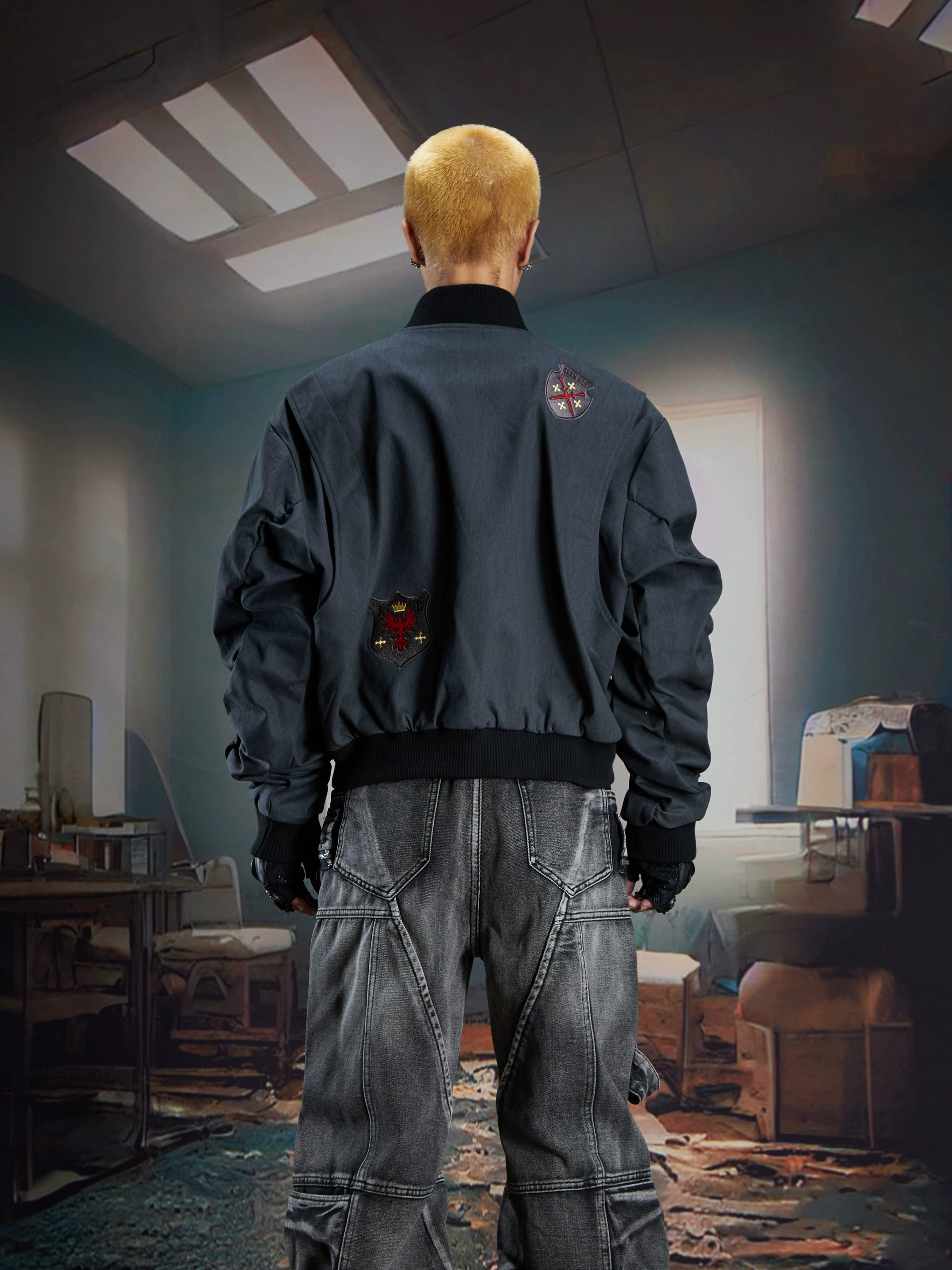 Embroidered Textured Short Zip-Up Jacket with Gathered Sleeves