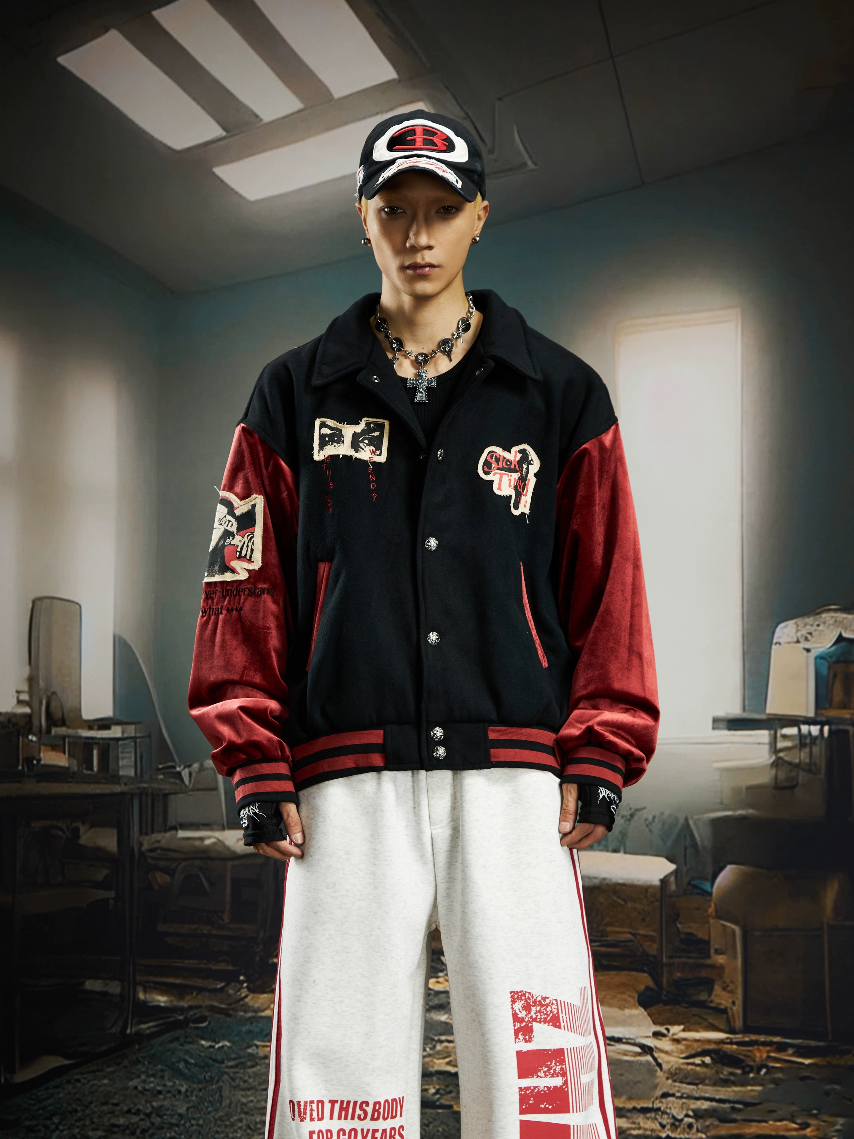 Red and Black Patchwork Vintage Varsity Jacket