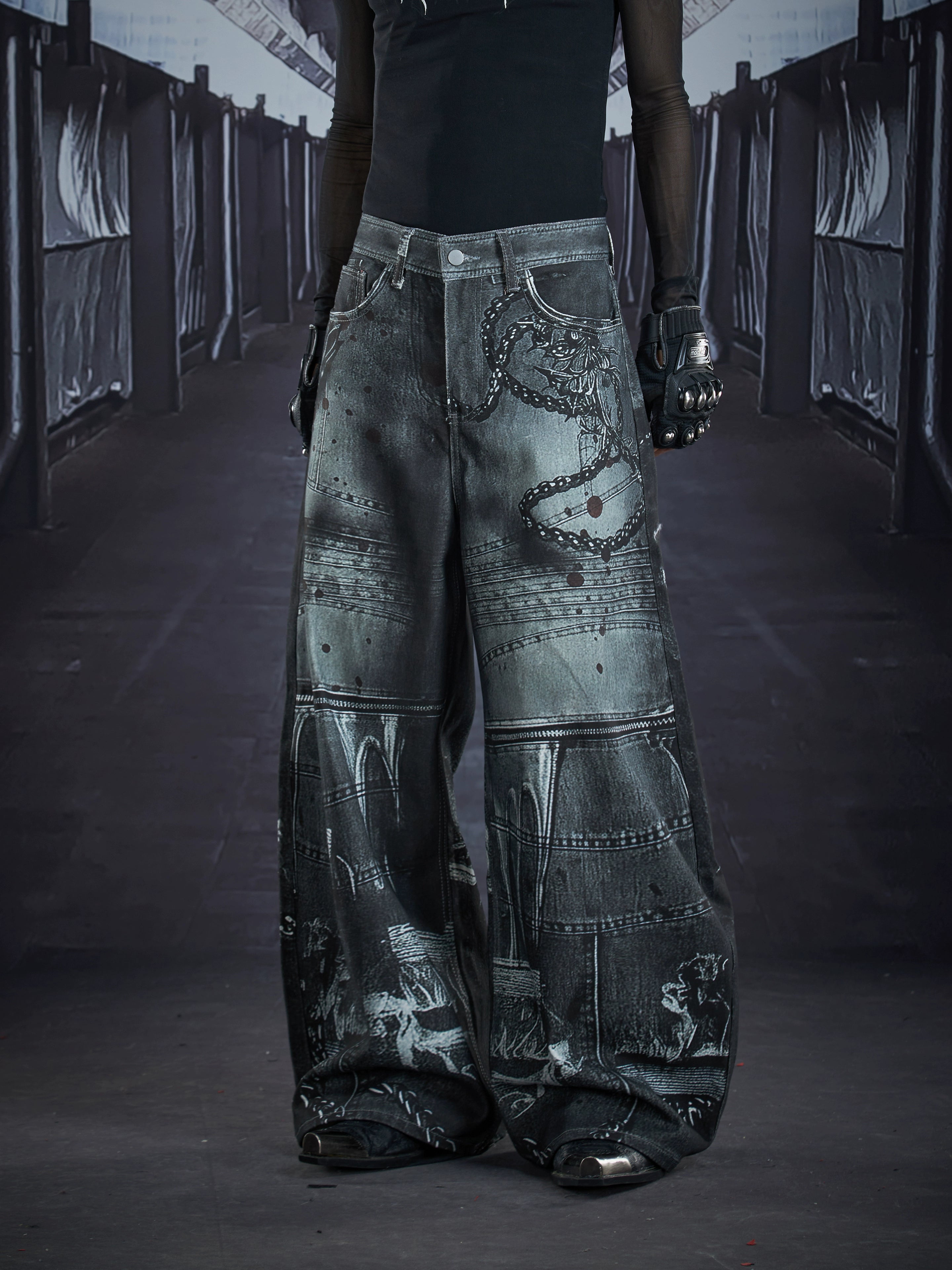 3D Chain-Print Deconstructed Punk Wide Blade-Leg Pants