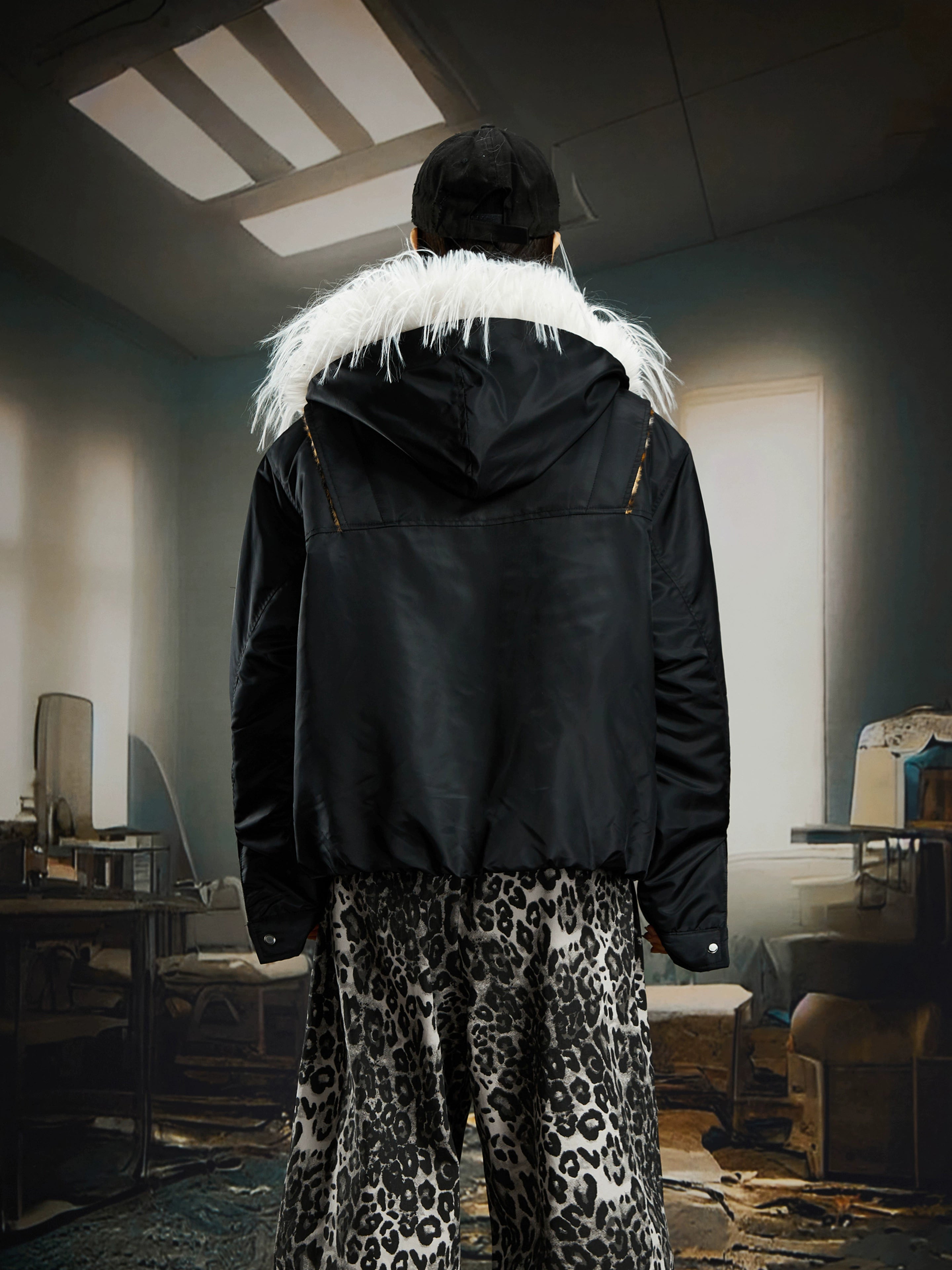 A bold leopard patchwork hooded puffer with long-fur panels and warm thick padding. Designed by Sanhoostudio for high-impact winter streetwear.