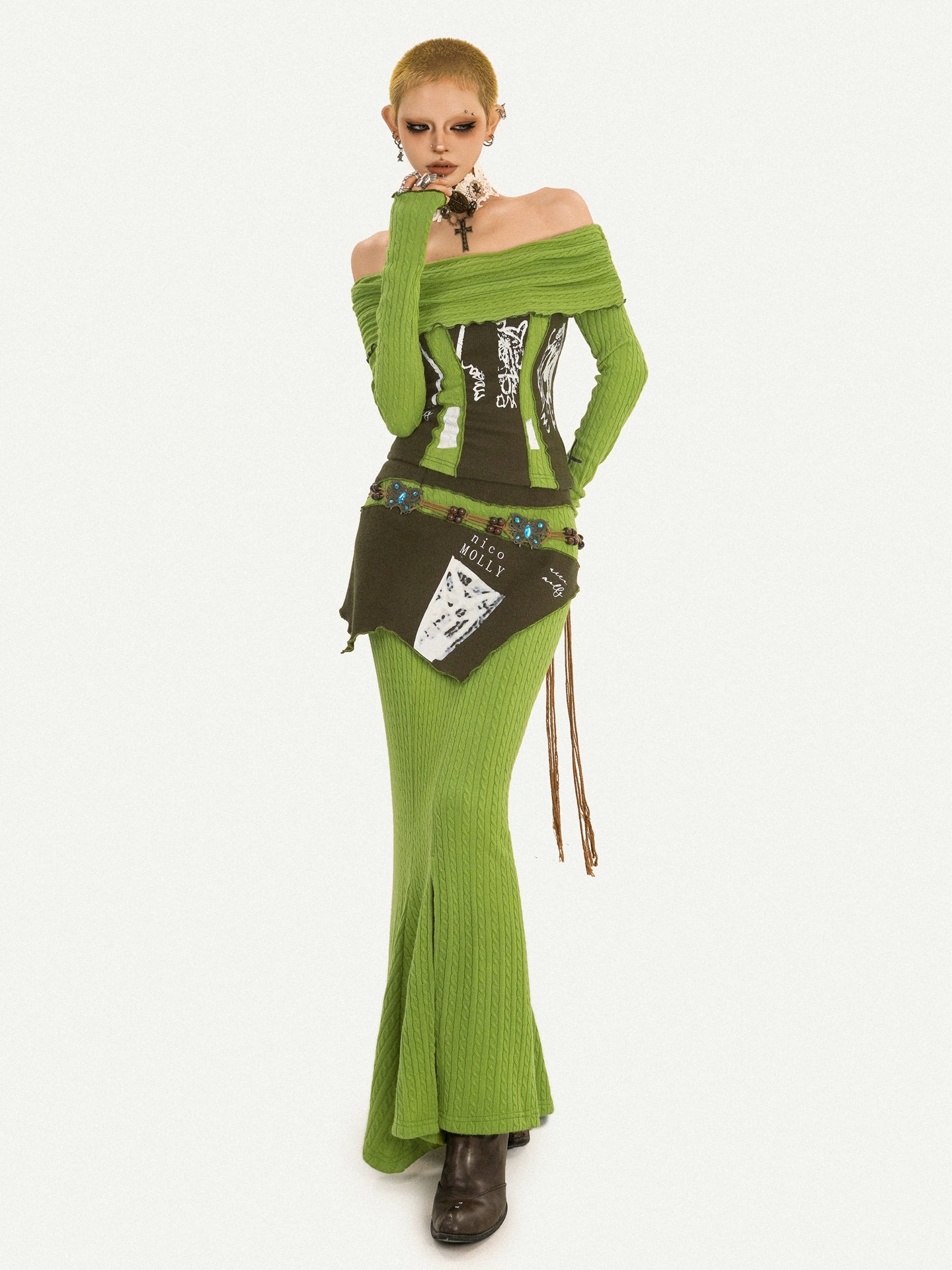 Avant-Garde Olive Off-Shoulder Fitted Split Long Dress Two-Piece Set