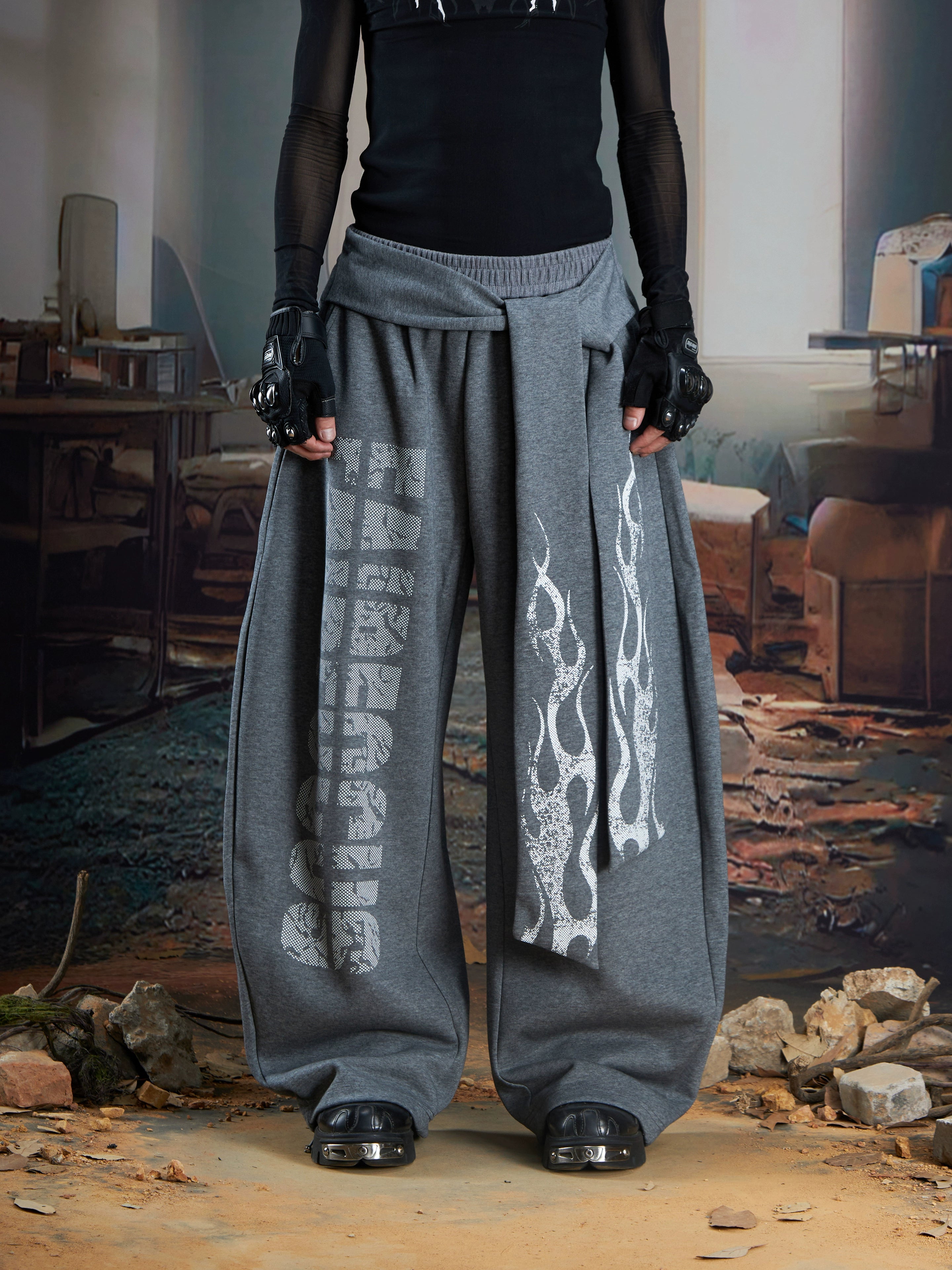 Y2K Totem Graphic Tie-Strap Blade Cut Sweatpants