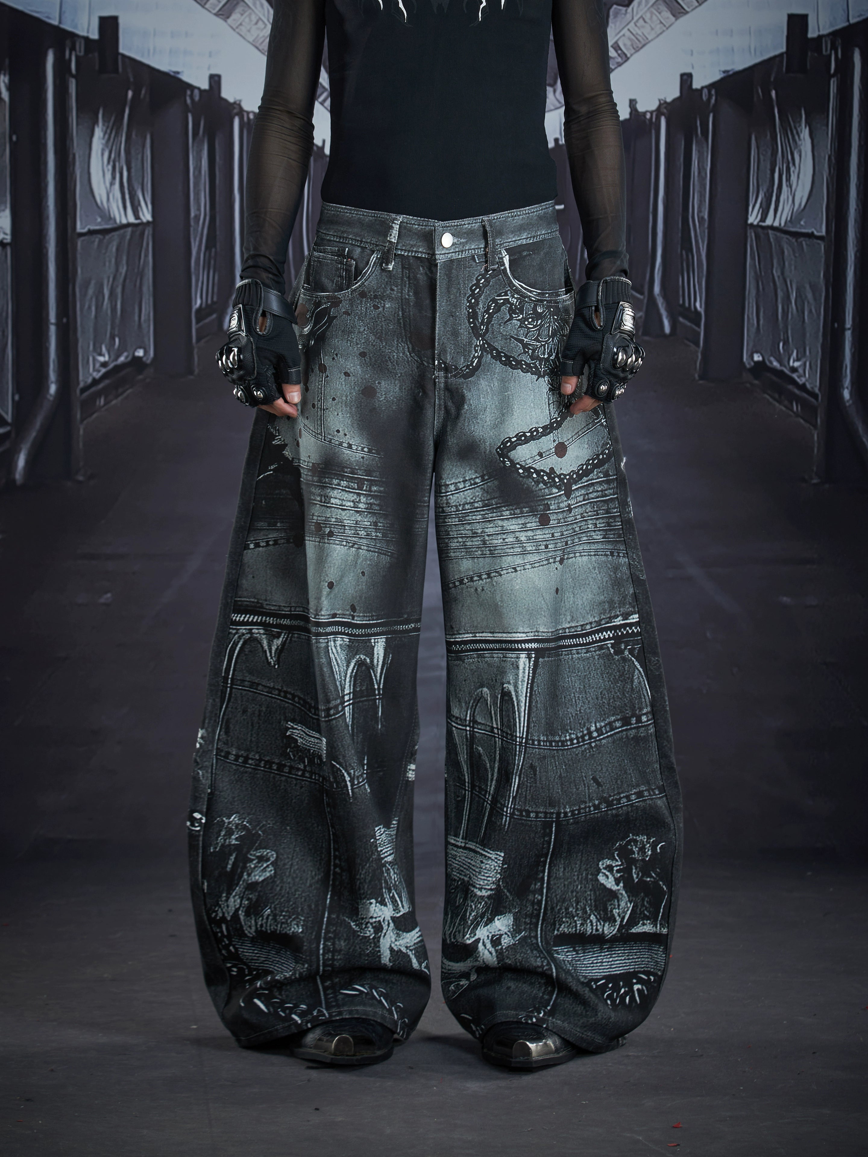 3D Chain-Print Deconstructed Punk Wide Blade-Leg Pants
