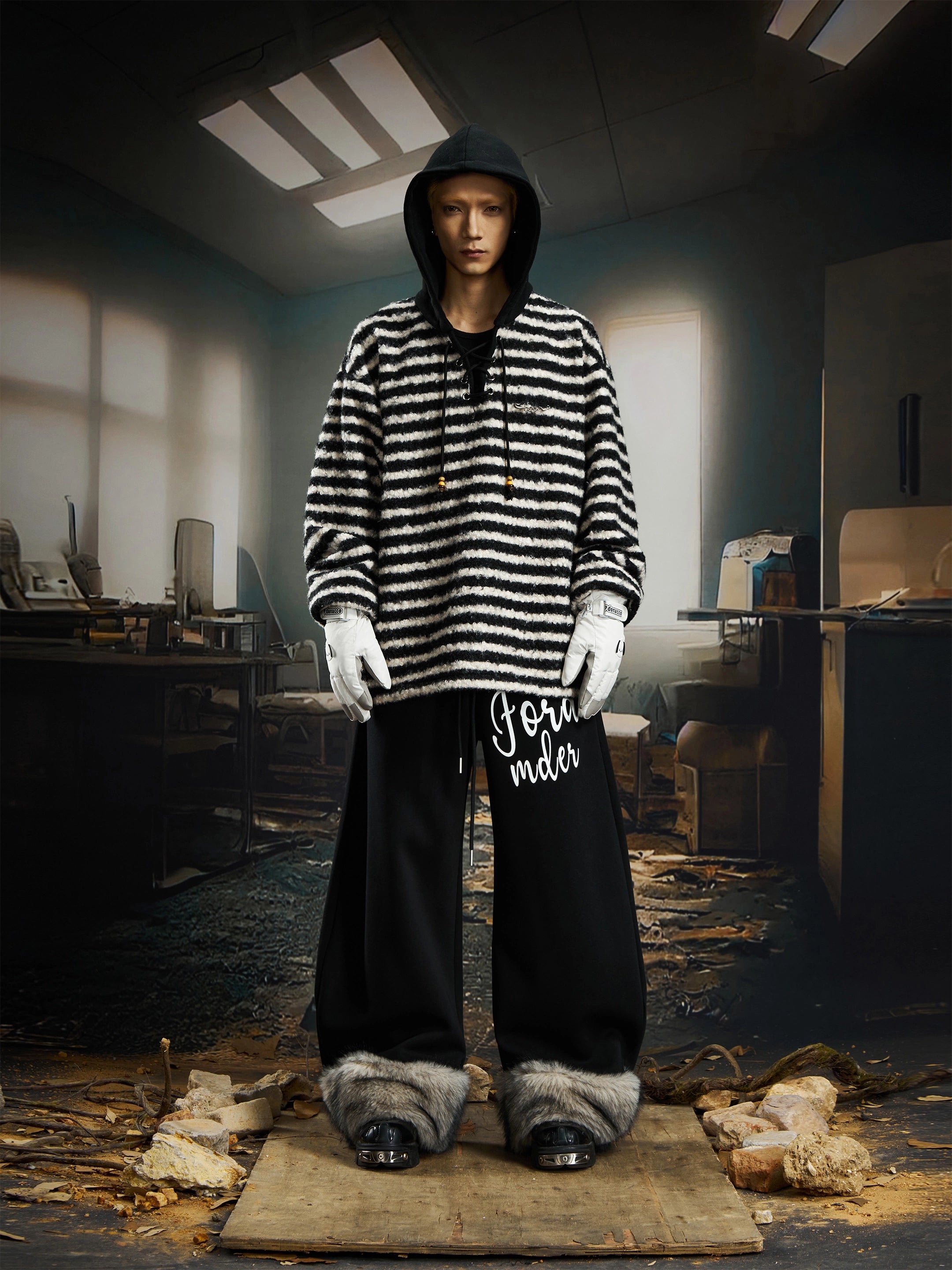 Striped Fleece Drawstring Hoodie with Cashmere Touch