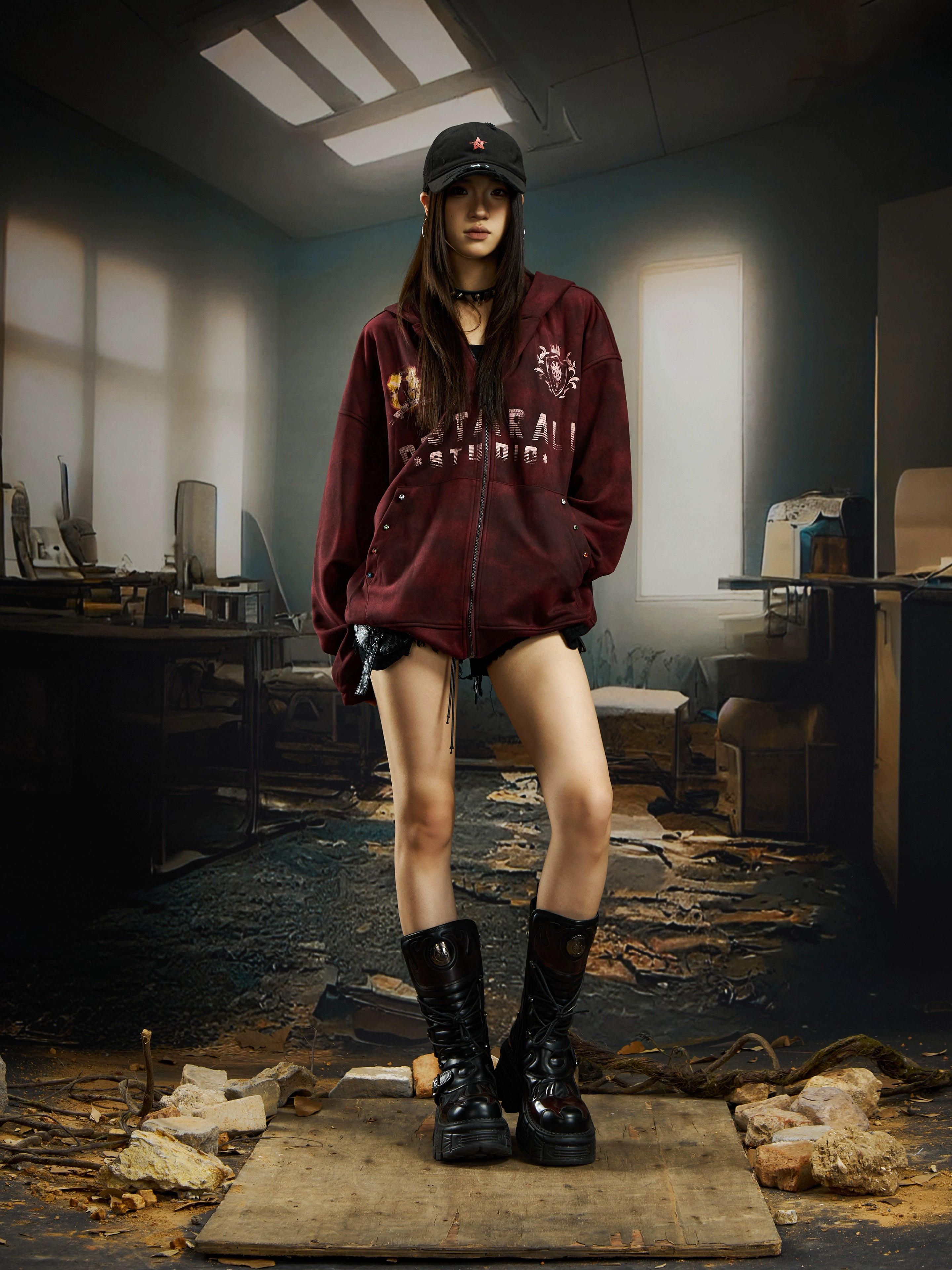 Tie-Dye Embroidered Badge Zip-Up Hoodie