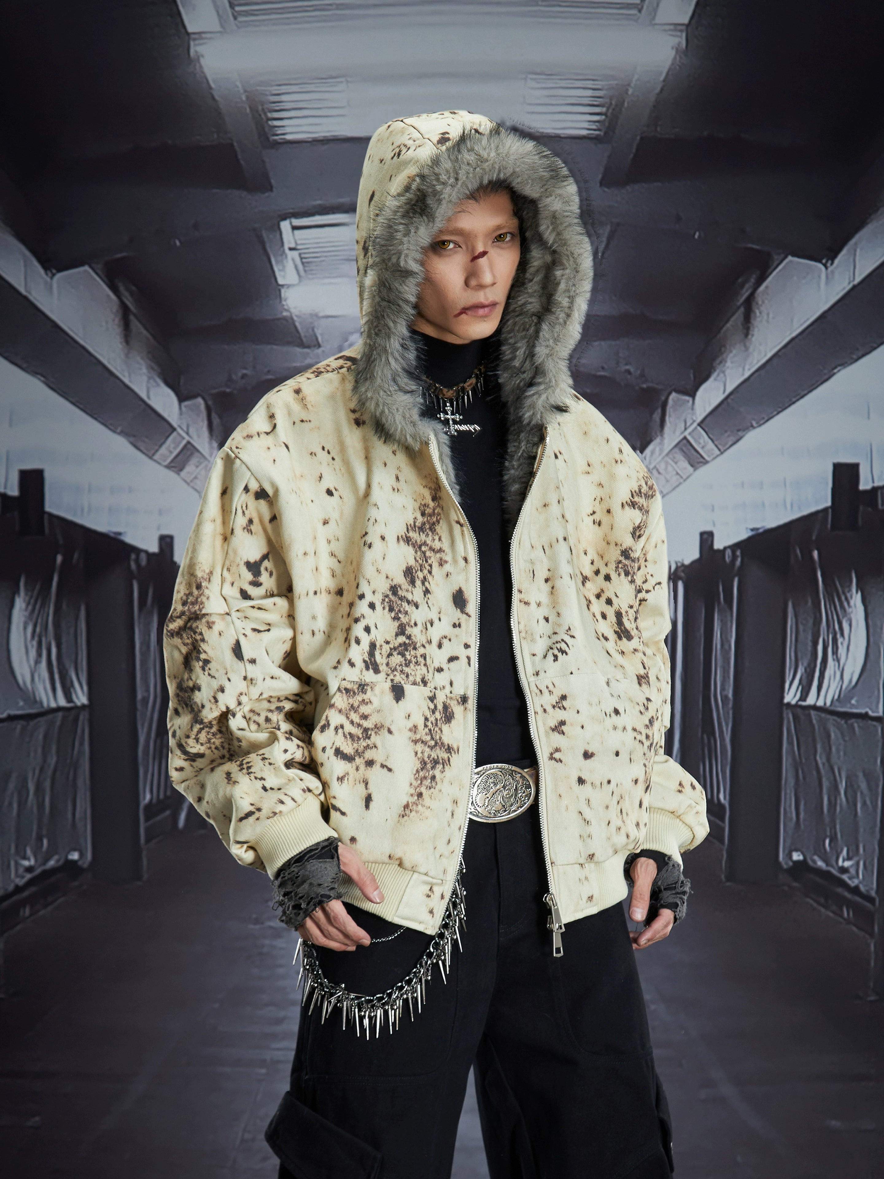 Wasteland Distressed Furry Hooded Cropped Heavy Puffer