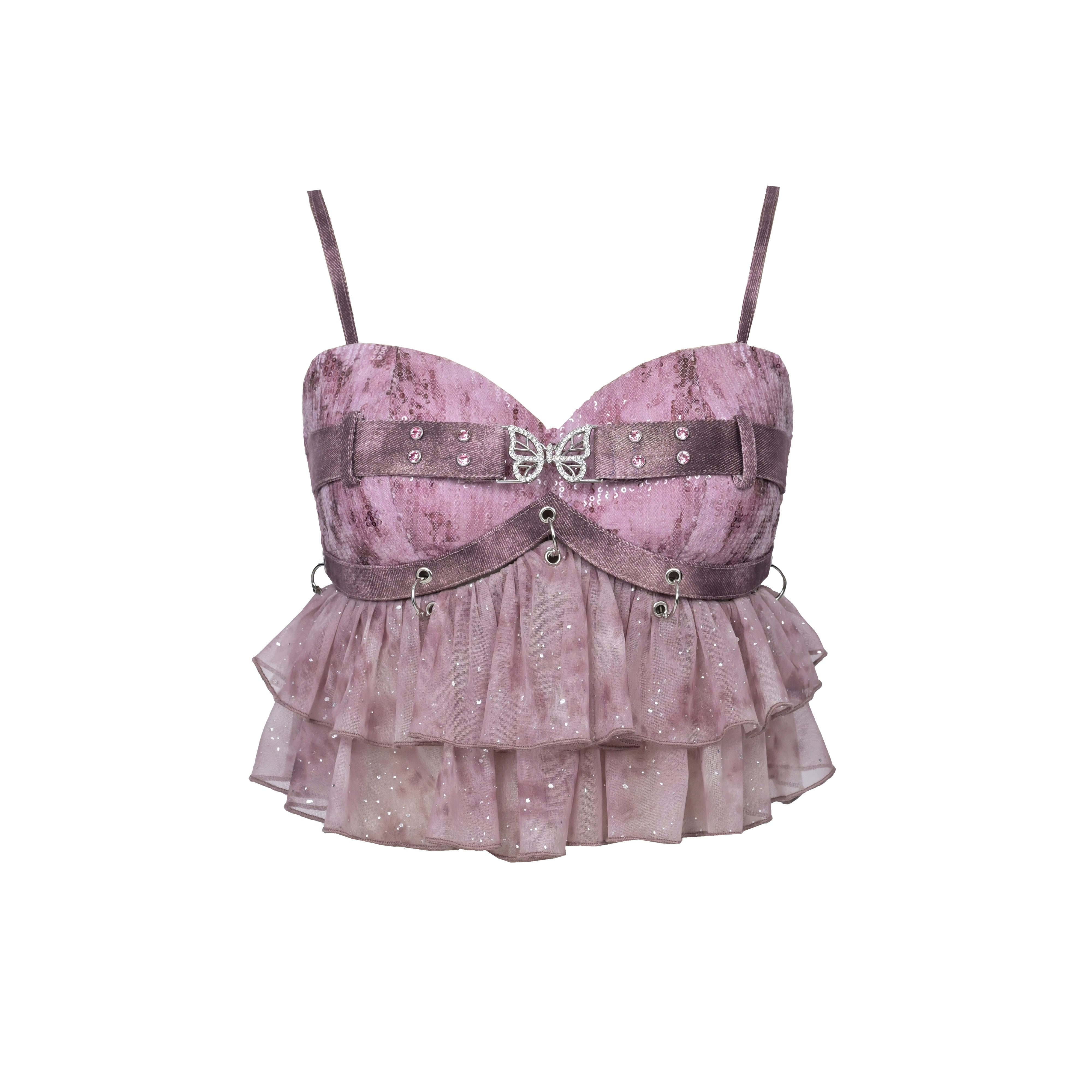 Sanhoostudio Convertible Strap Top crafted from 100% polyester features Y2K punk style with detachable straps and versatile design. Perfect for summer streetwear, casual layering, or festival outfits.