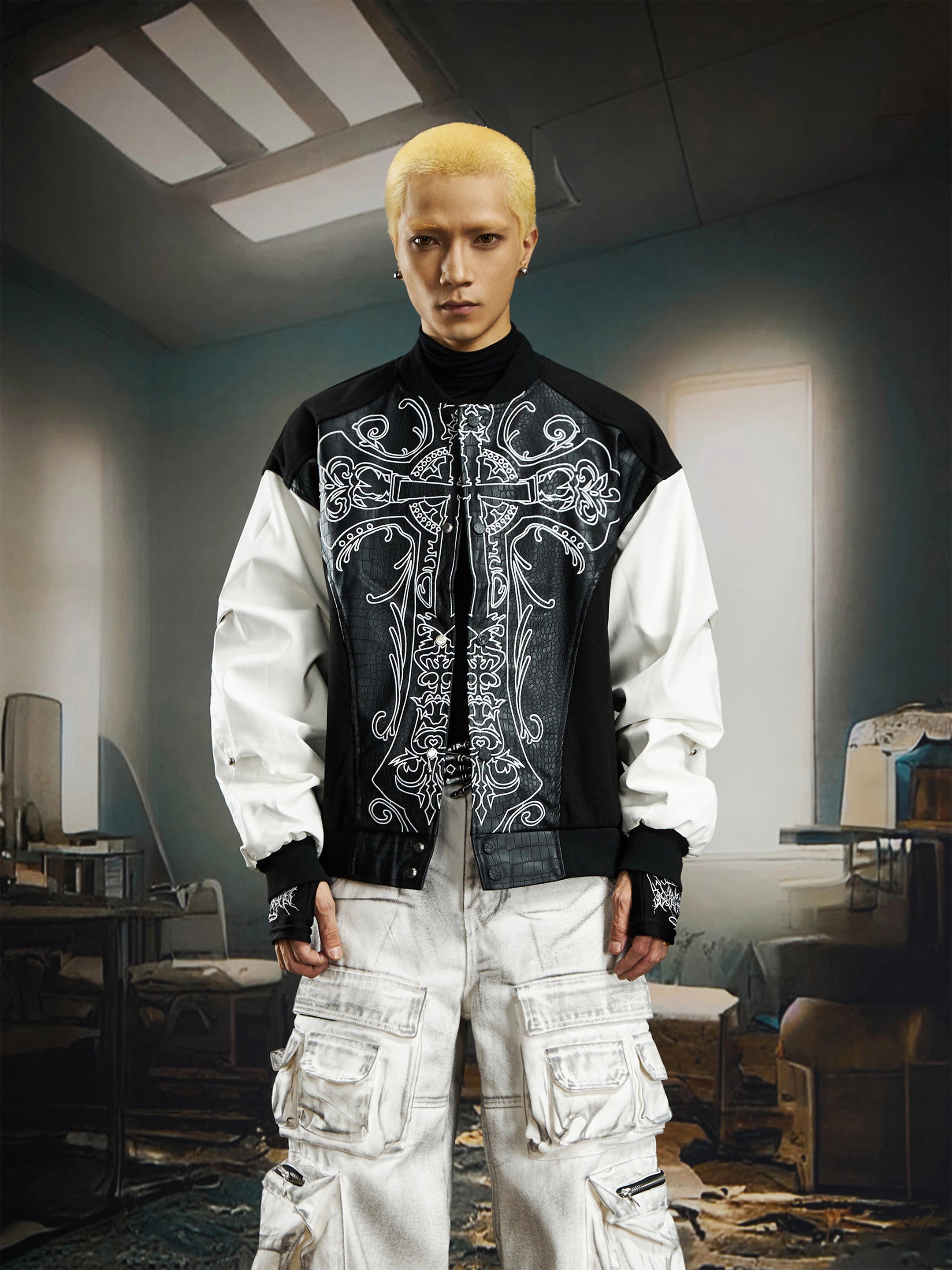 Snake-Pattern PU Deconstructed Varsity Jacket