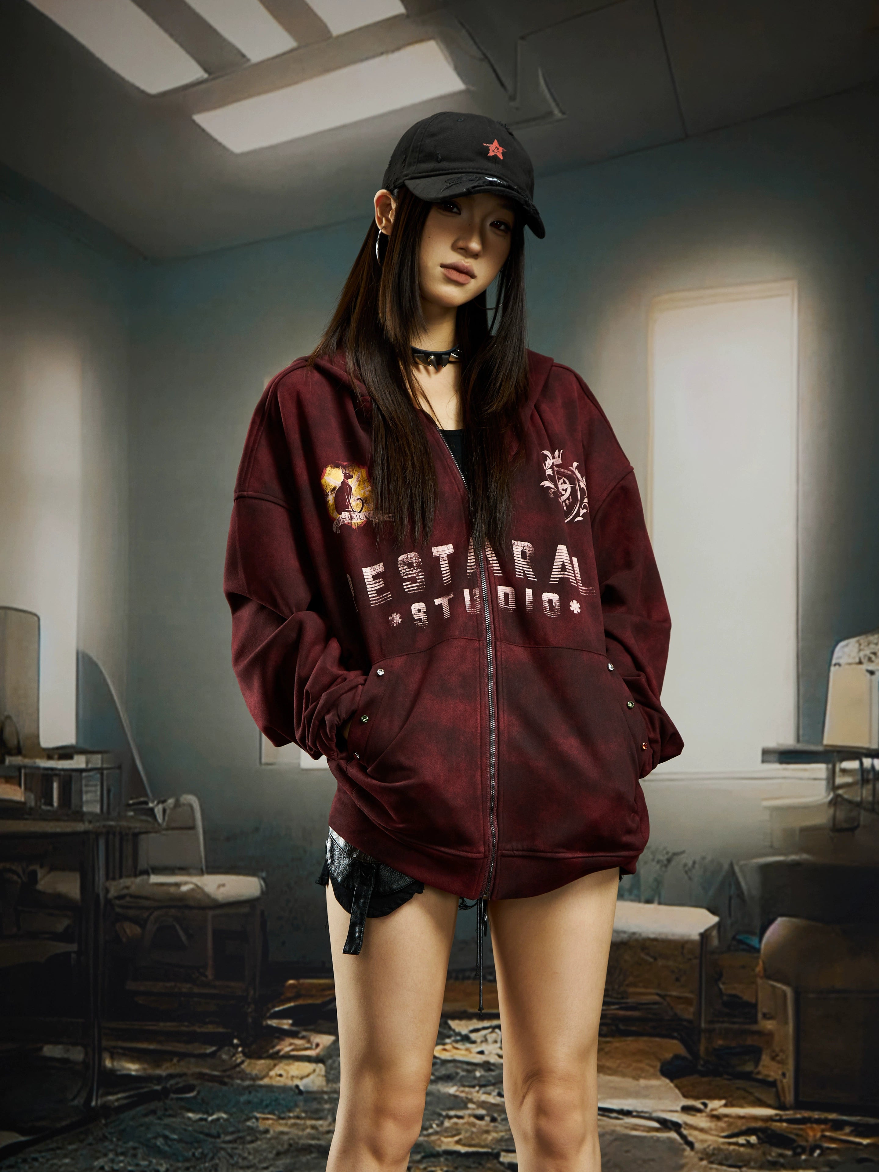 Tie-Dye Embroidered Badge Zip-Up Hoodie