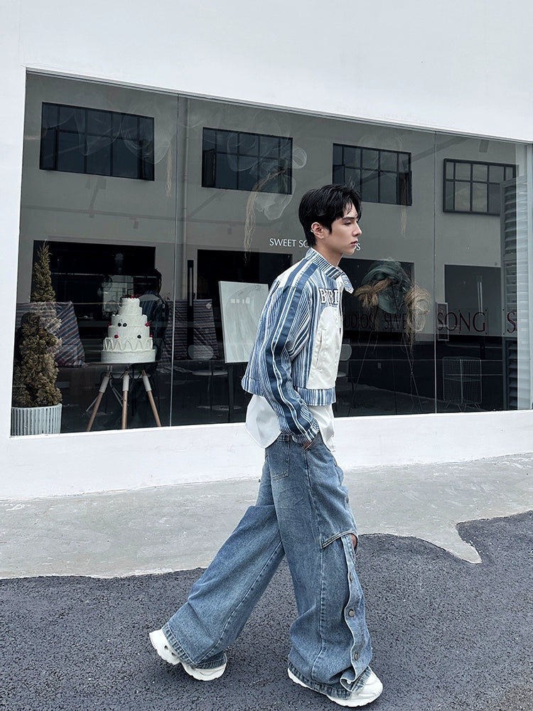 Button Detail Straight-Leg Ripped Wide-Leg Pants