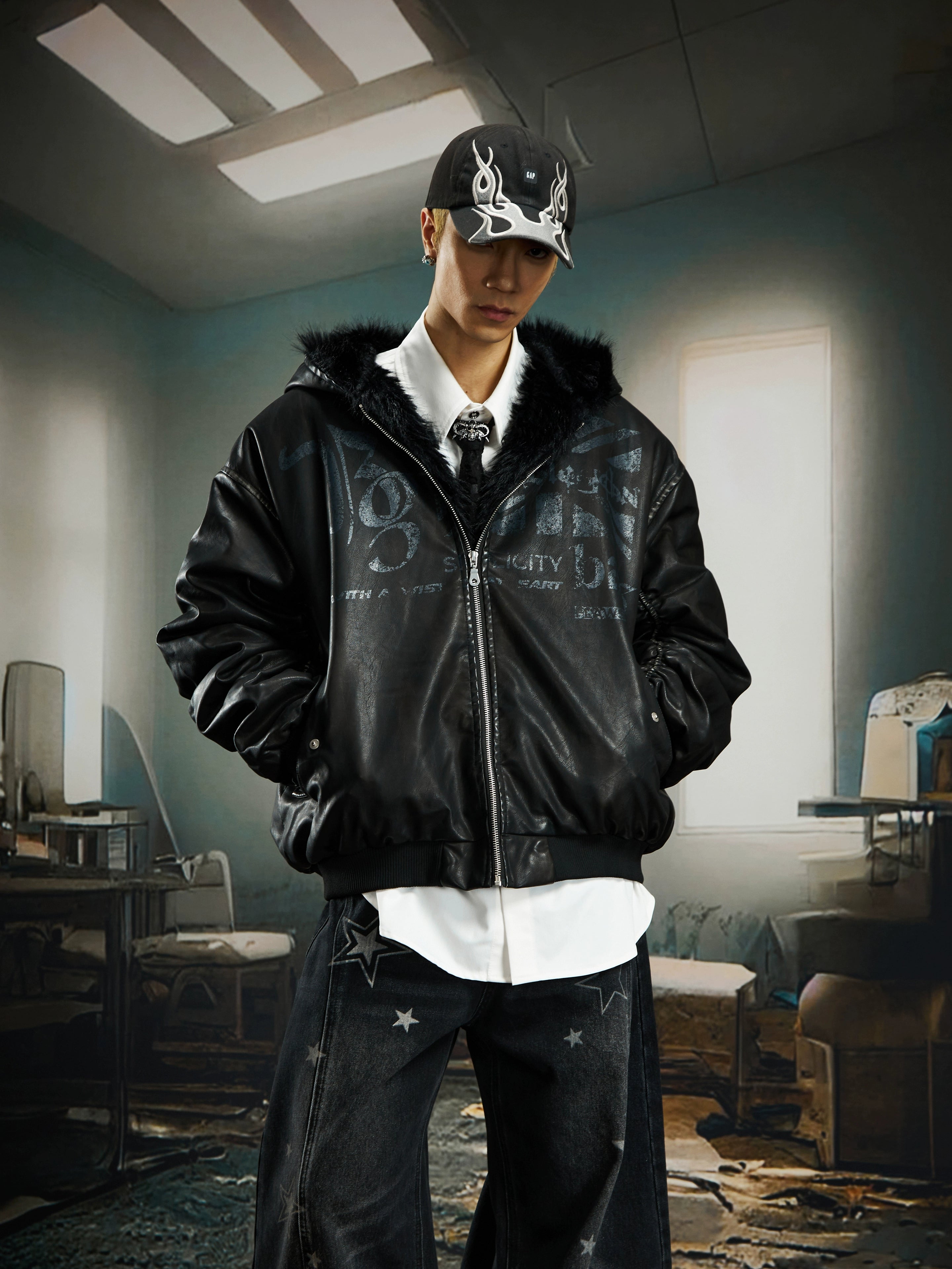 Distressed Dark Print Fur-Collar Hooded Padded Jacket