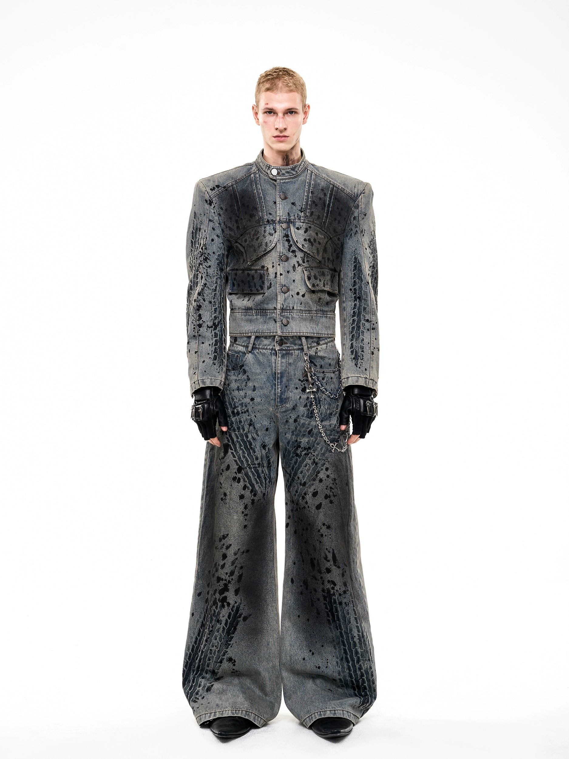 Washed Tire Print Padded Denim Jacket Set