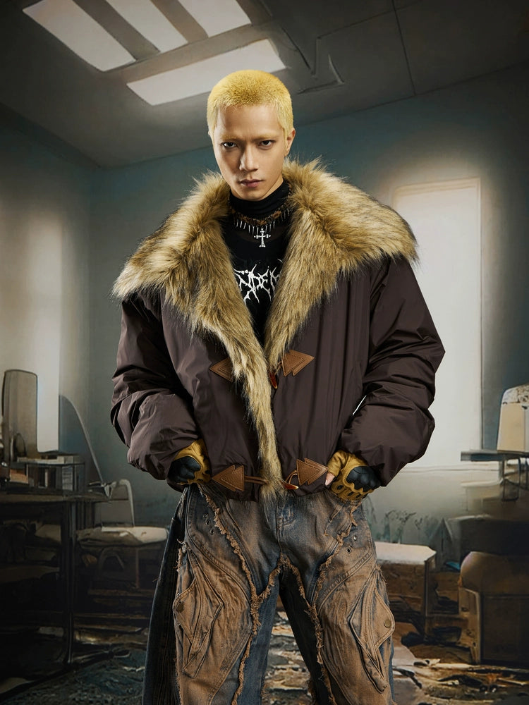 A luxurious wide-lapel cropped puffer with soft fur trim and thick padding. Designed by Sanhoostudio for high-street winter styling with a bold silhouette.