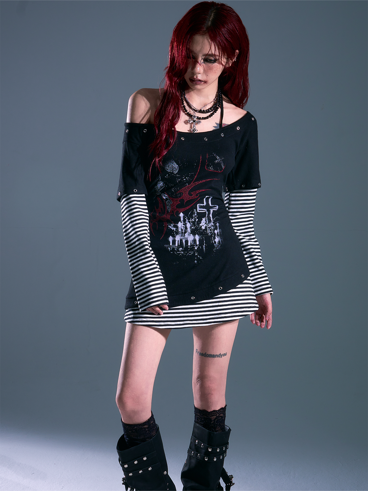 Punk Rock Printed Layered One-Shoulder Dress