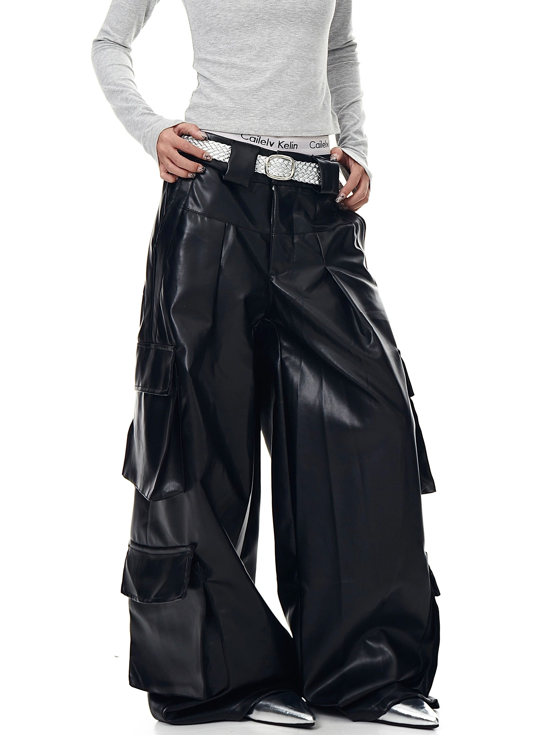 Tech-Utility Fleece-Lined Multi-Pocket Wide-Leg Leather Cargo Pants