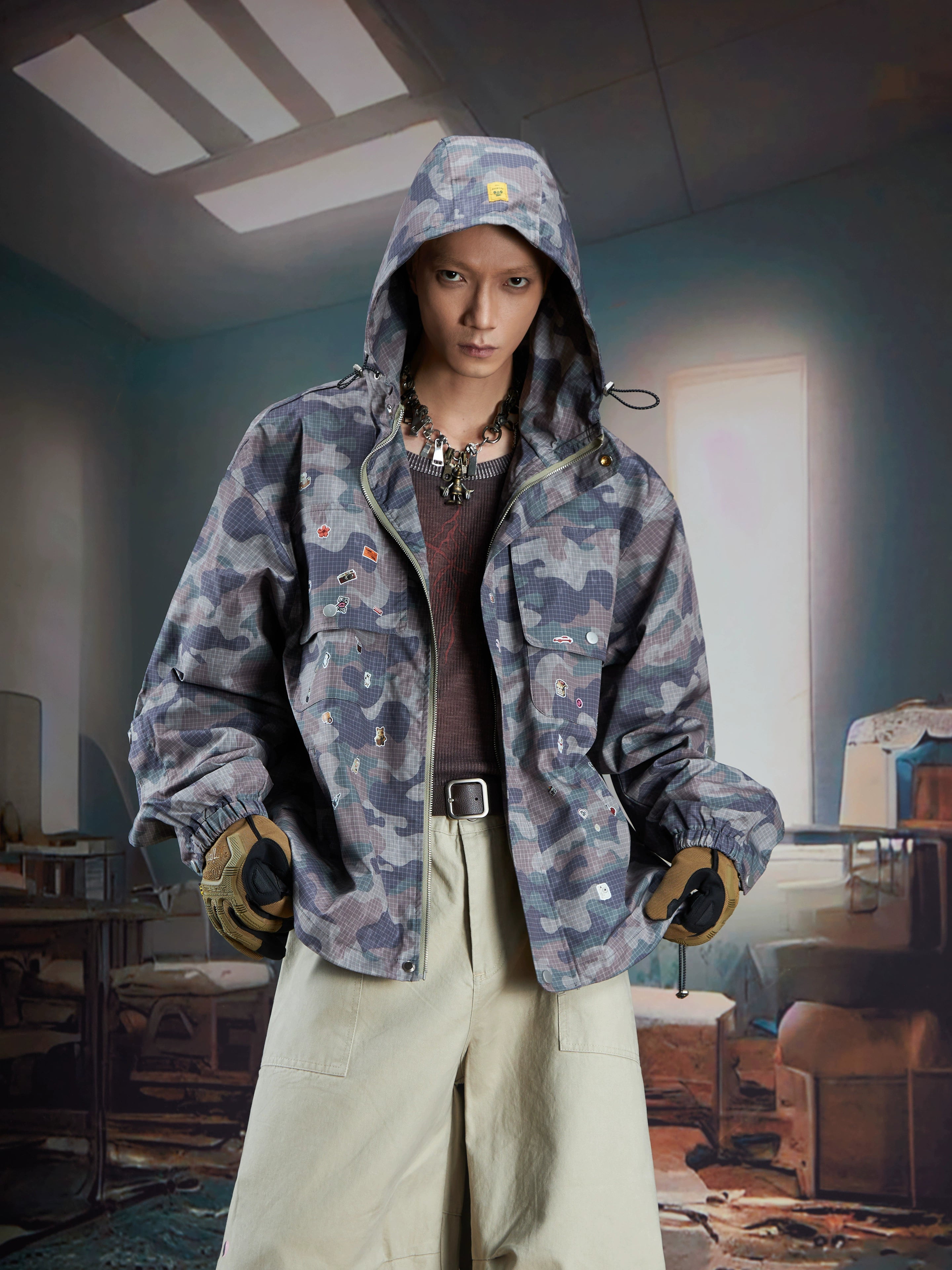 Graphic Print Hooded Zip-Up Camo Jacket Outdoor Style