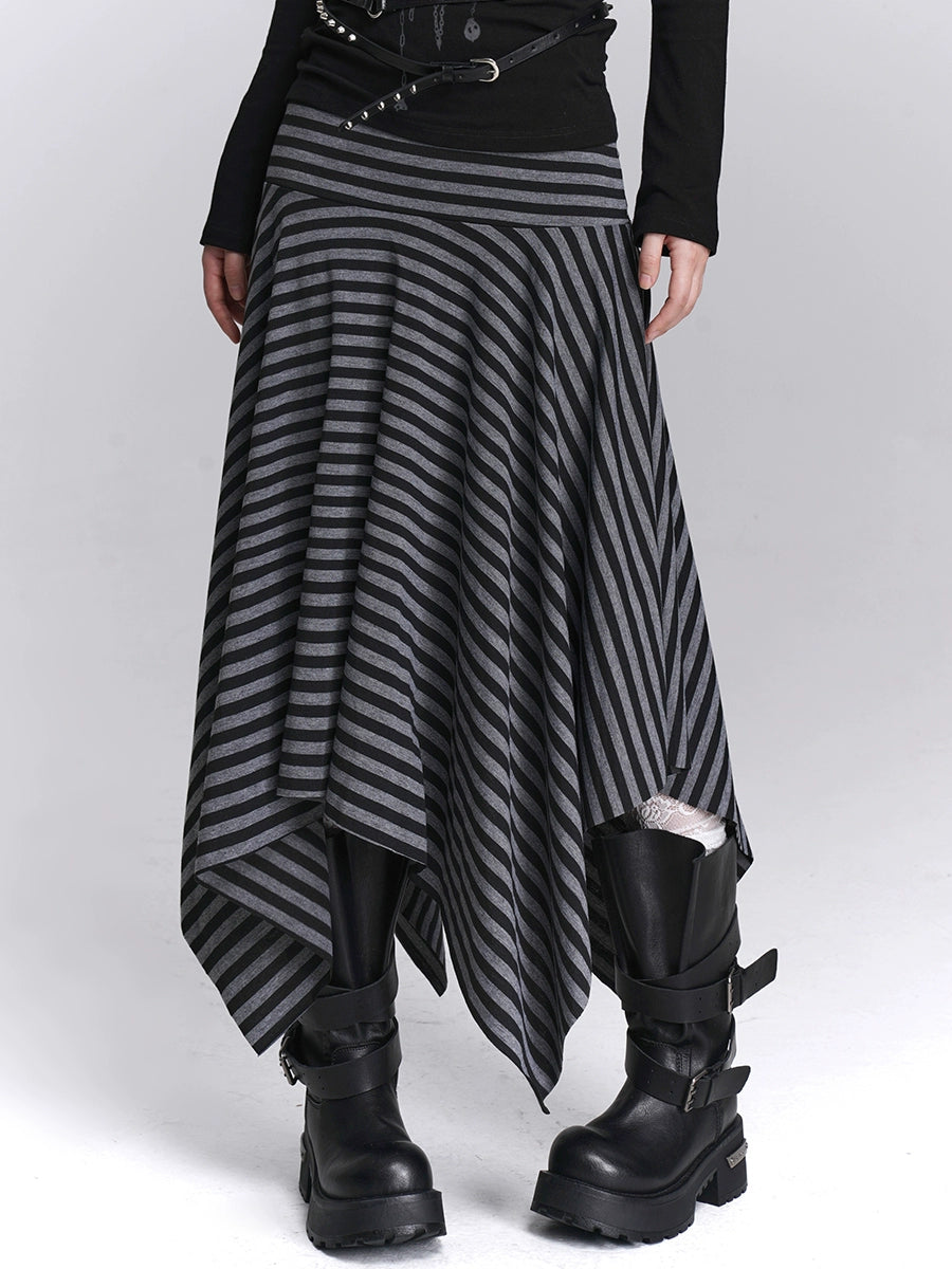 Black and Grey Striped Irregular Hem Midi Skirt