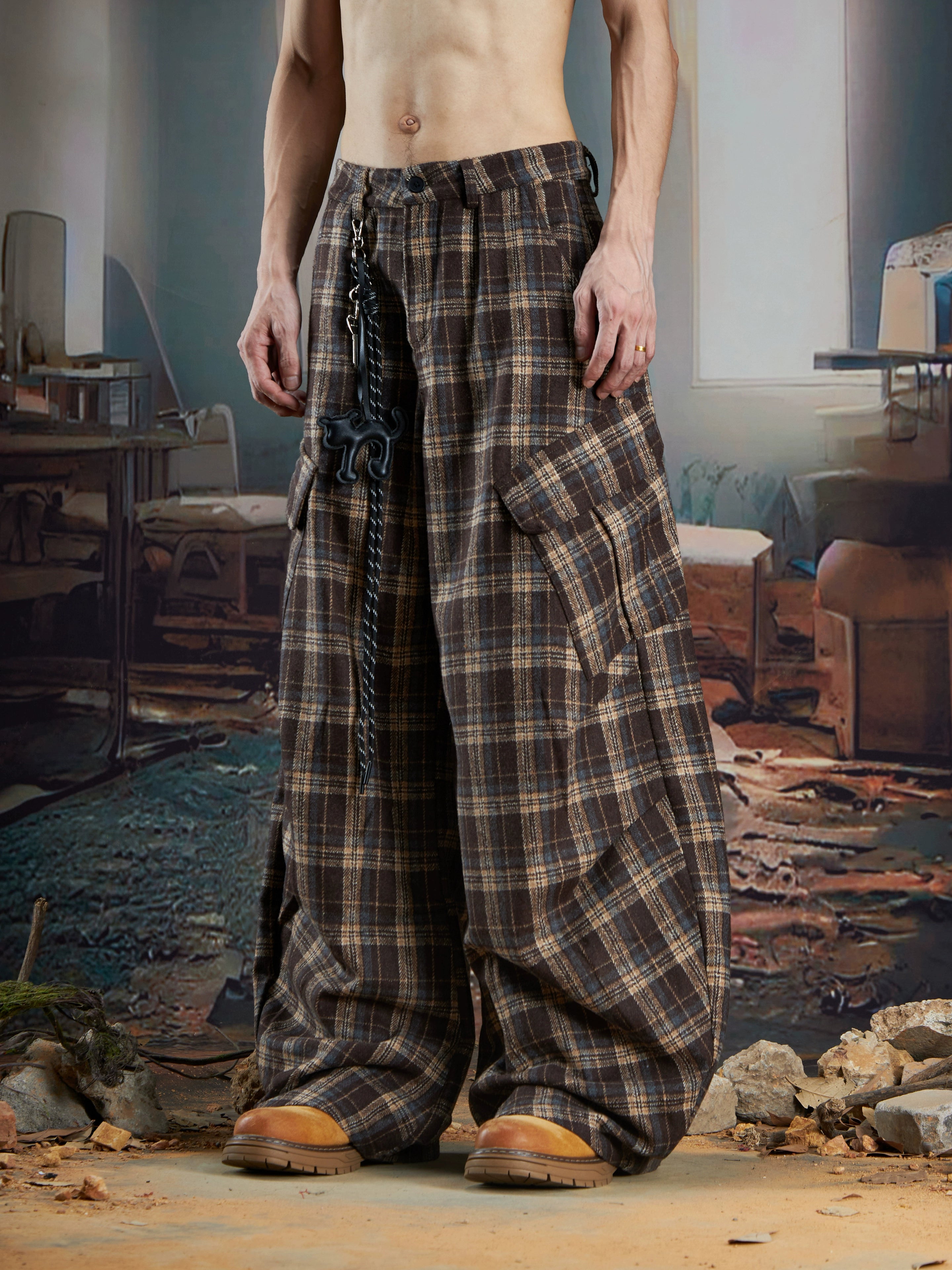 Retro Plaid Wide-Leg Cargo Pants with Multi-Pocket Design