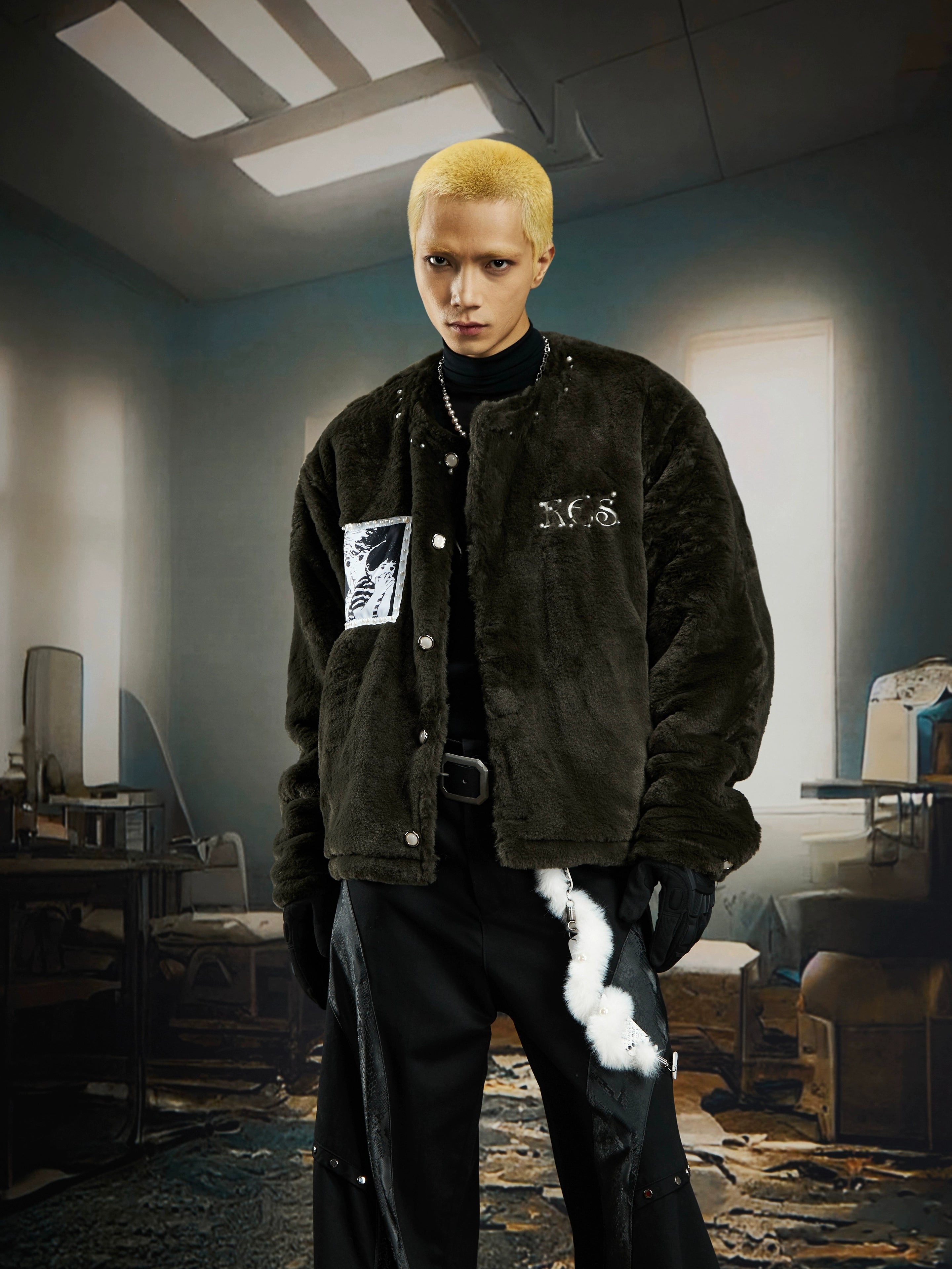 Plush Beaded Comic Patch Collarless Padded Short Jacket