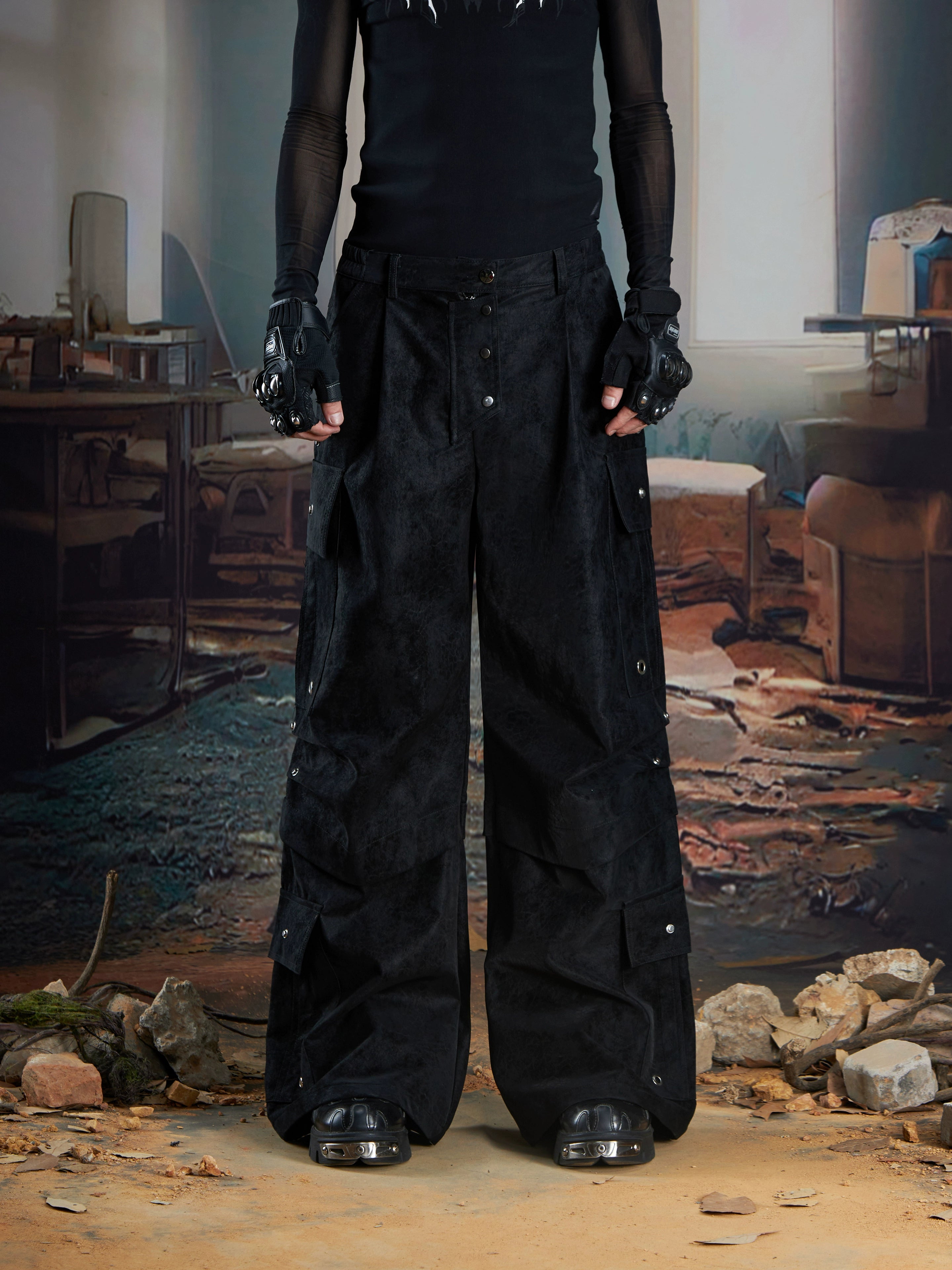 Matte Leather Multi-Pocket Studded Straight Pants