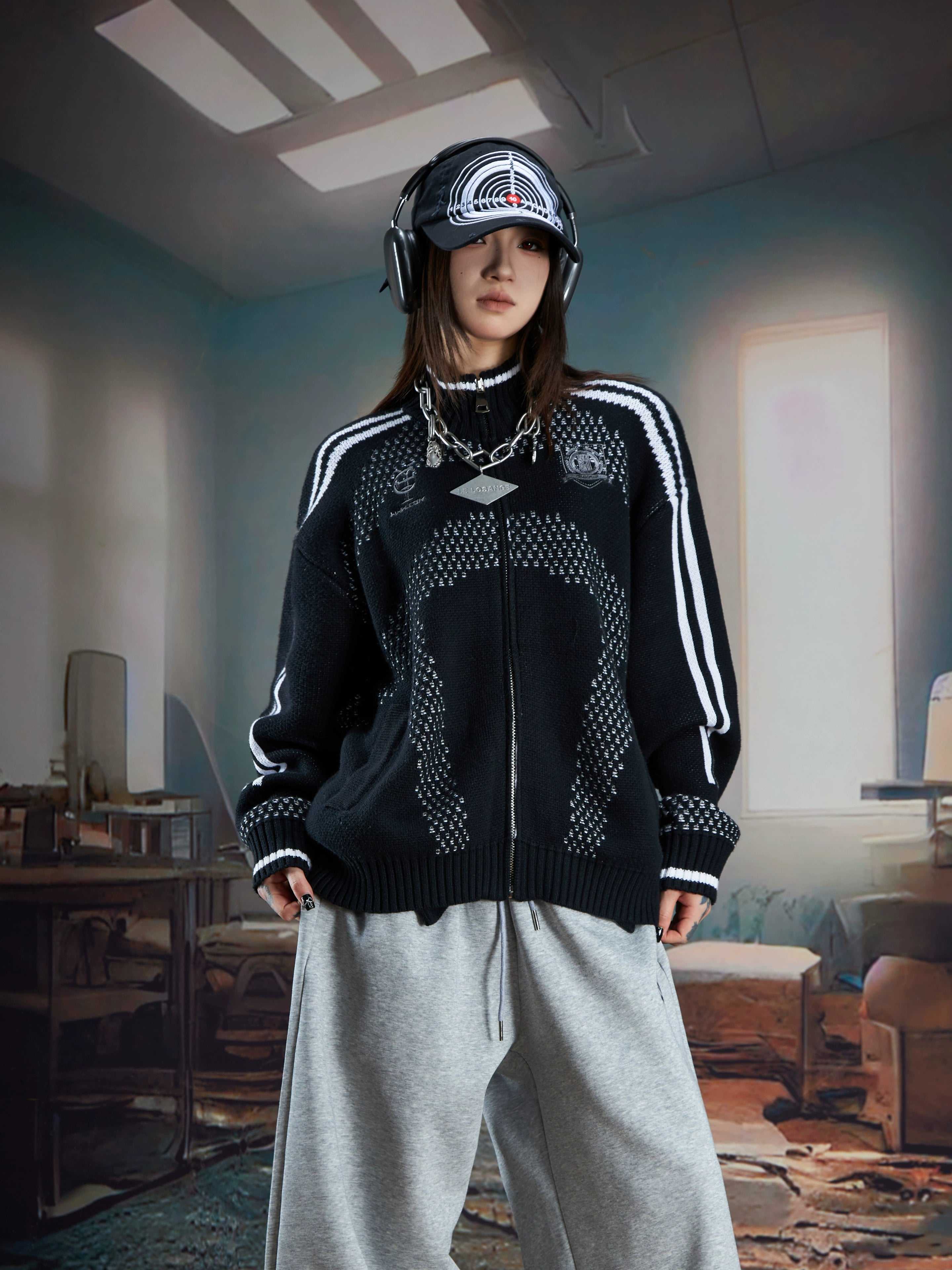 Add vintage sports style to your wardrobe with this retro knit cardigan sweater. Featuring colorblock details and a zip-up stand collar, it blends comfort with classic design. Shop knitwear at Sanhoostudio.